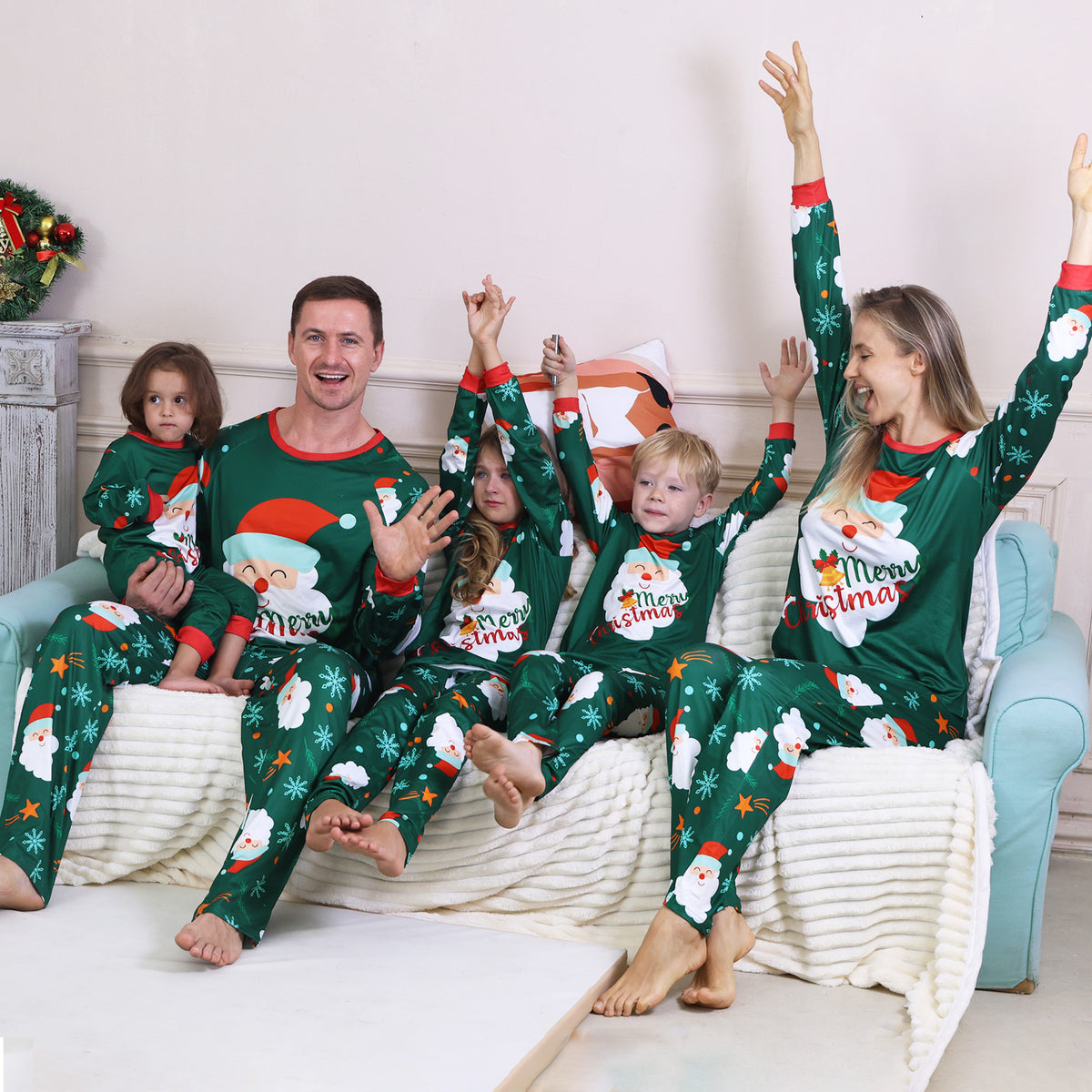 Christmas Family Photo Outfits Green Santa Snowflake Allover Print Holiday Matching Pajamas CHP-90