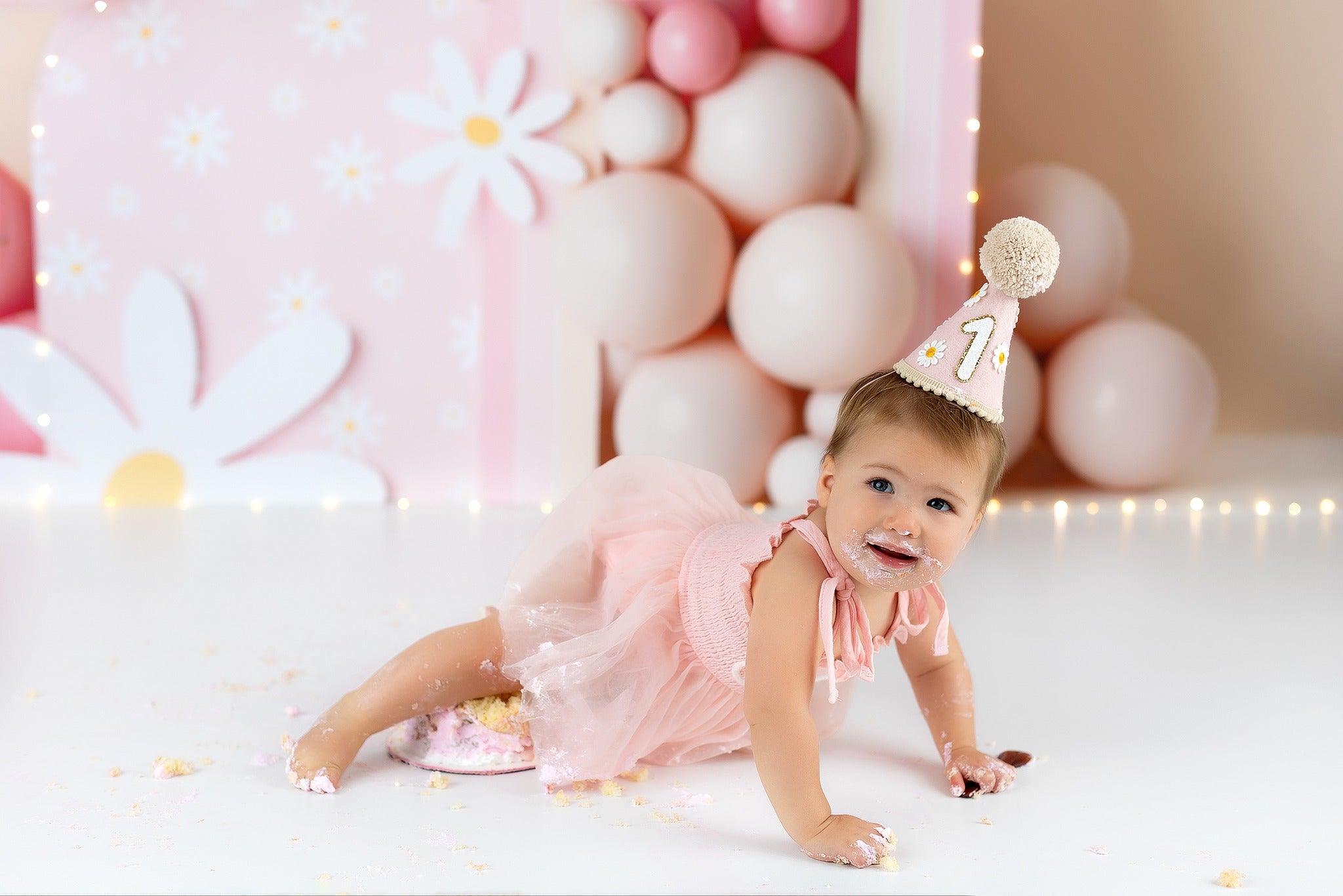 Cake Smash Backdrop Pink Daisy Balloon Rainbow Birthday Photo Backdrop MRR9-40