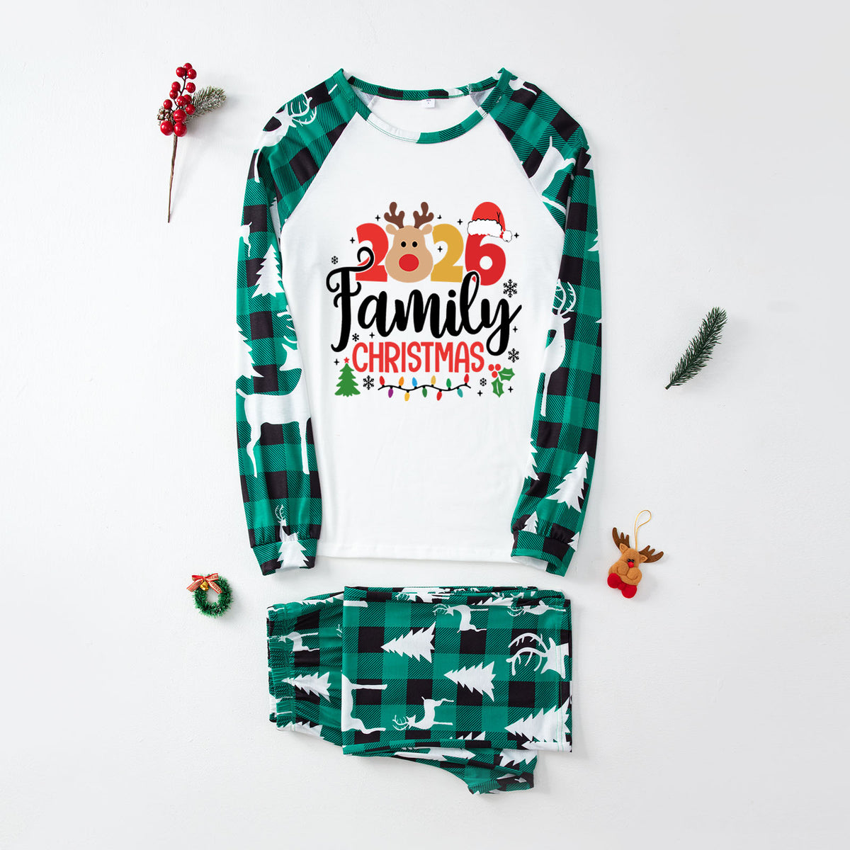 Christmas PJs Green Plaid Reindeer Print Christmas Pajamas CHP-3