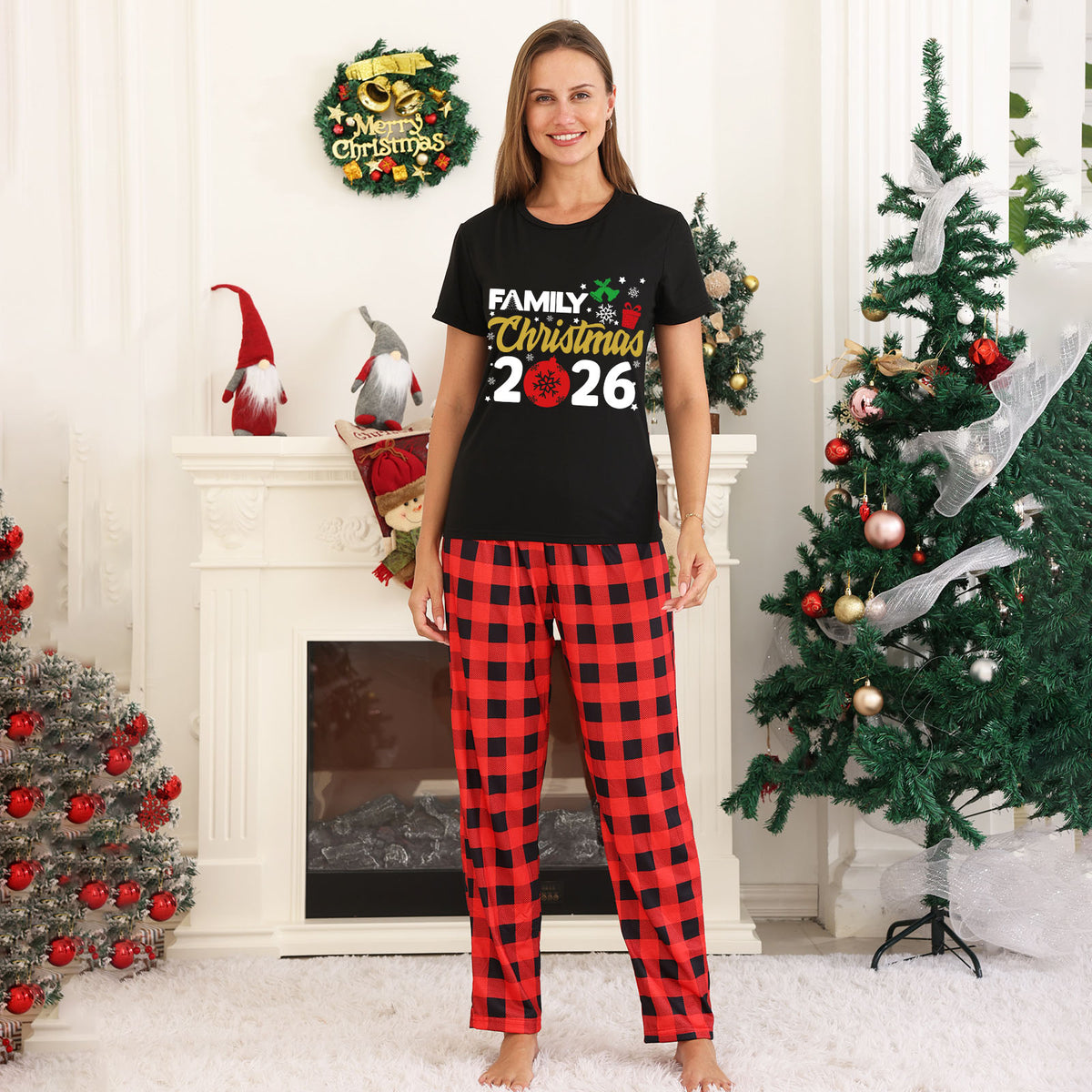 Christmas Card Photo Outfits Red Ornament Typography Christmas Morning Pajamas CHP-33