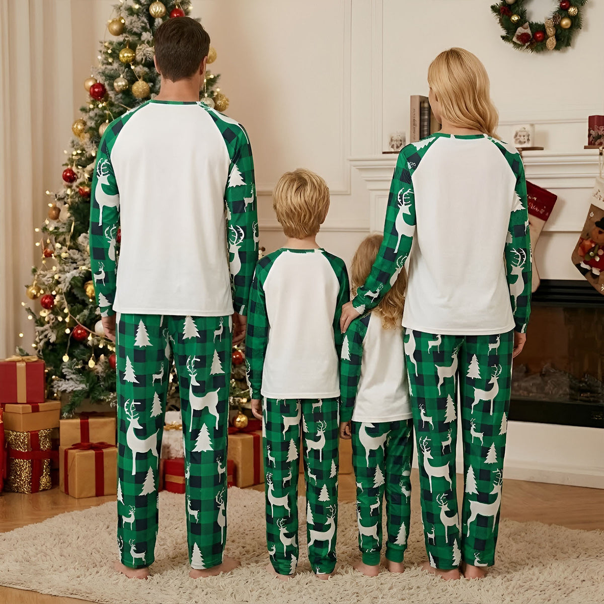 Matching Christmas PJs Green Plaid Reindeer Print Cute Christmas Pajamas CHP-9