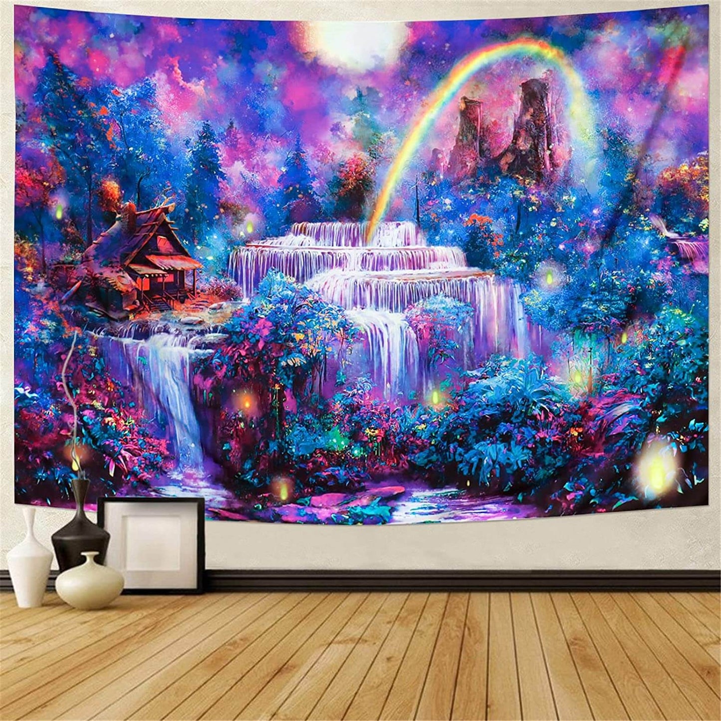 Blacklight Tapestry Waterfall Rainbow UV Reactive Wall Hanging Decoration
