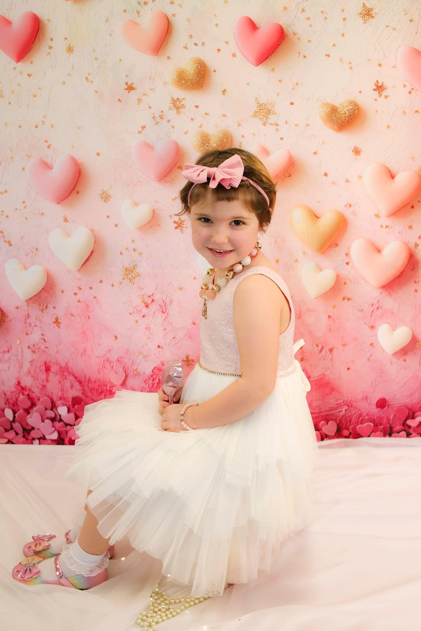 Valentine's Day Backdrop Pink Gold Floating Hearts Valentine Backdrop Ideas MRR9-78