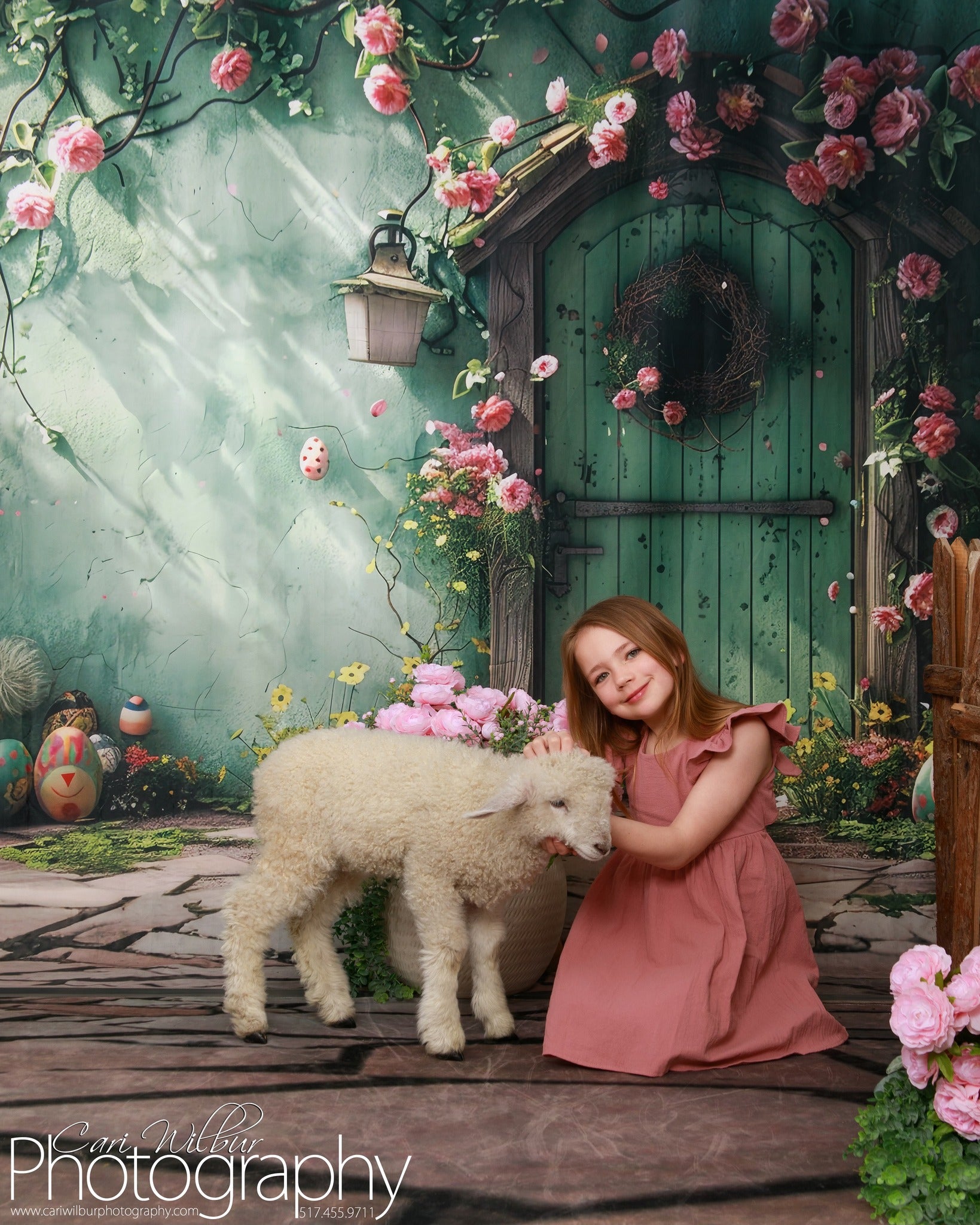 Backdrop With Flowers Green Door Wreath Backdrop BRP12-557