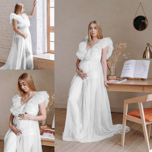 V-Neck Sweetheart Tulle Floor-Length Maternity Photography Dress RB14