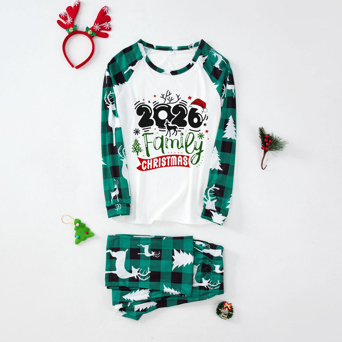 Matching Family Christmas Pajamas Reindeer Green Plaid Christmas PJs CHP-5