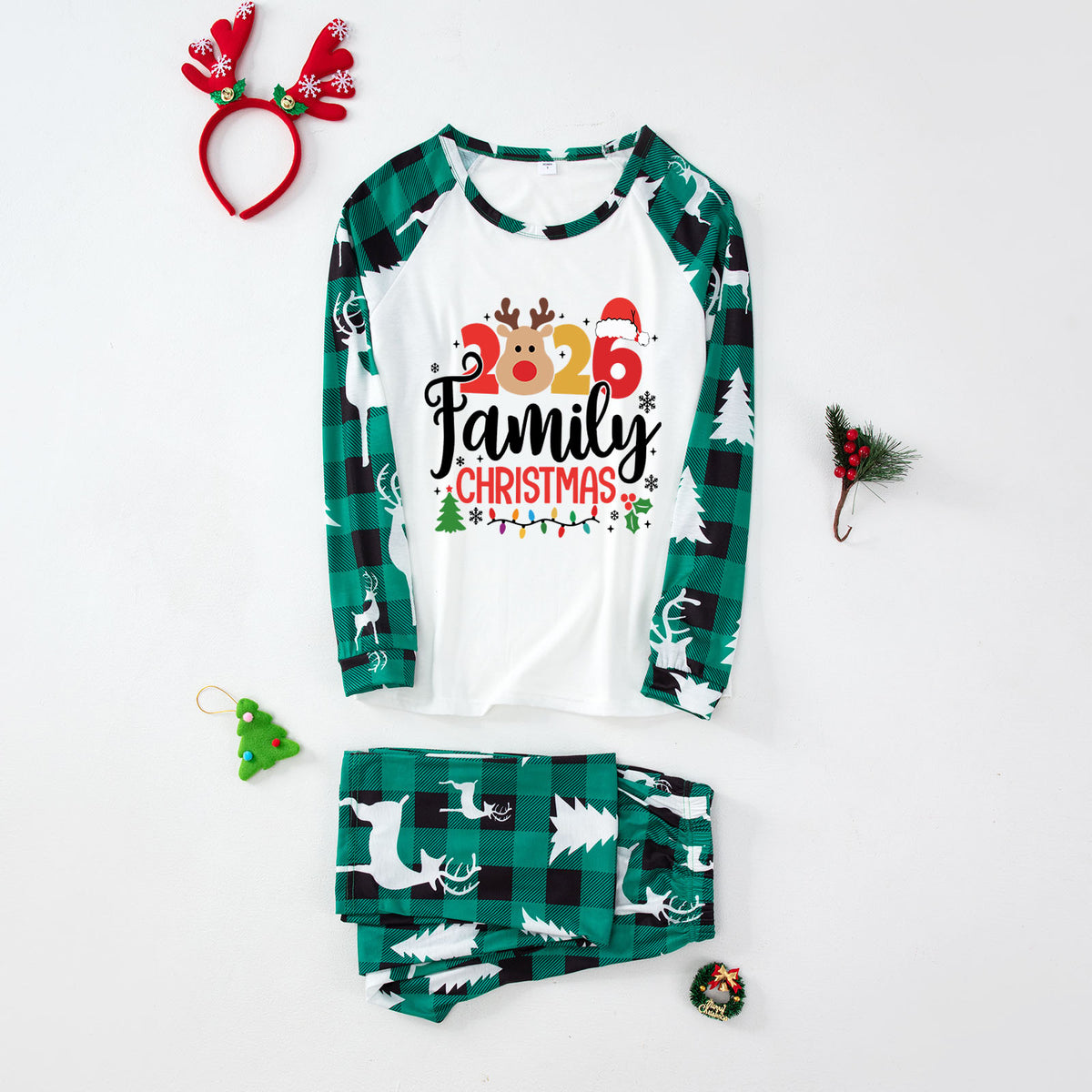Christmas PJs Green Plaid Reindeer Print Christmas Pajamas CHP-3