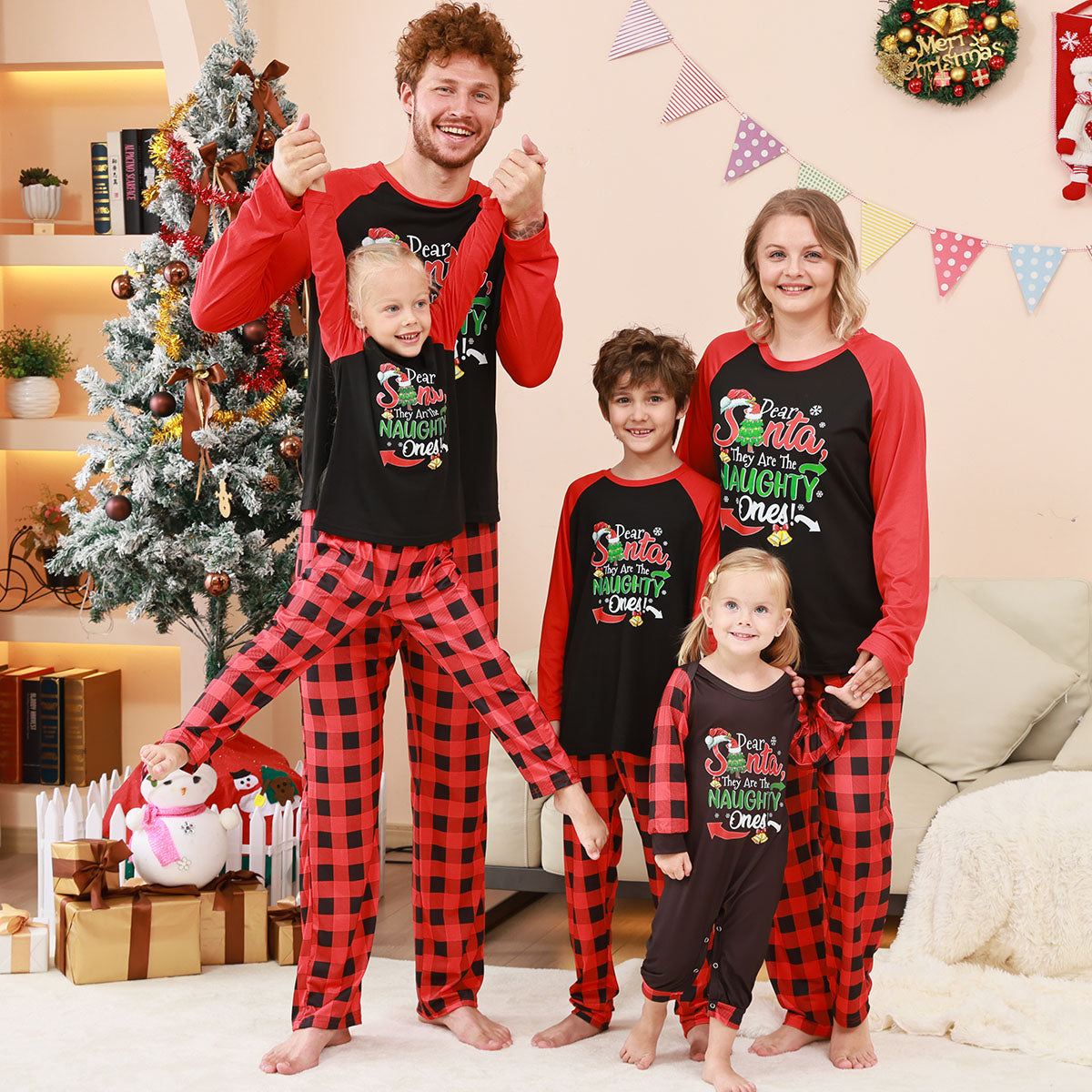 Matching Christmas Pajamas Naughty Santa Red Plaid Print Christmas Matching Pajamas CHP-86