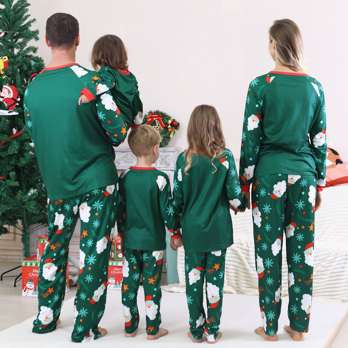 Christmas Family Photo Outfits Green Santa Snowflake Allover Print Holiday Matching Pajamas CHP-90