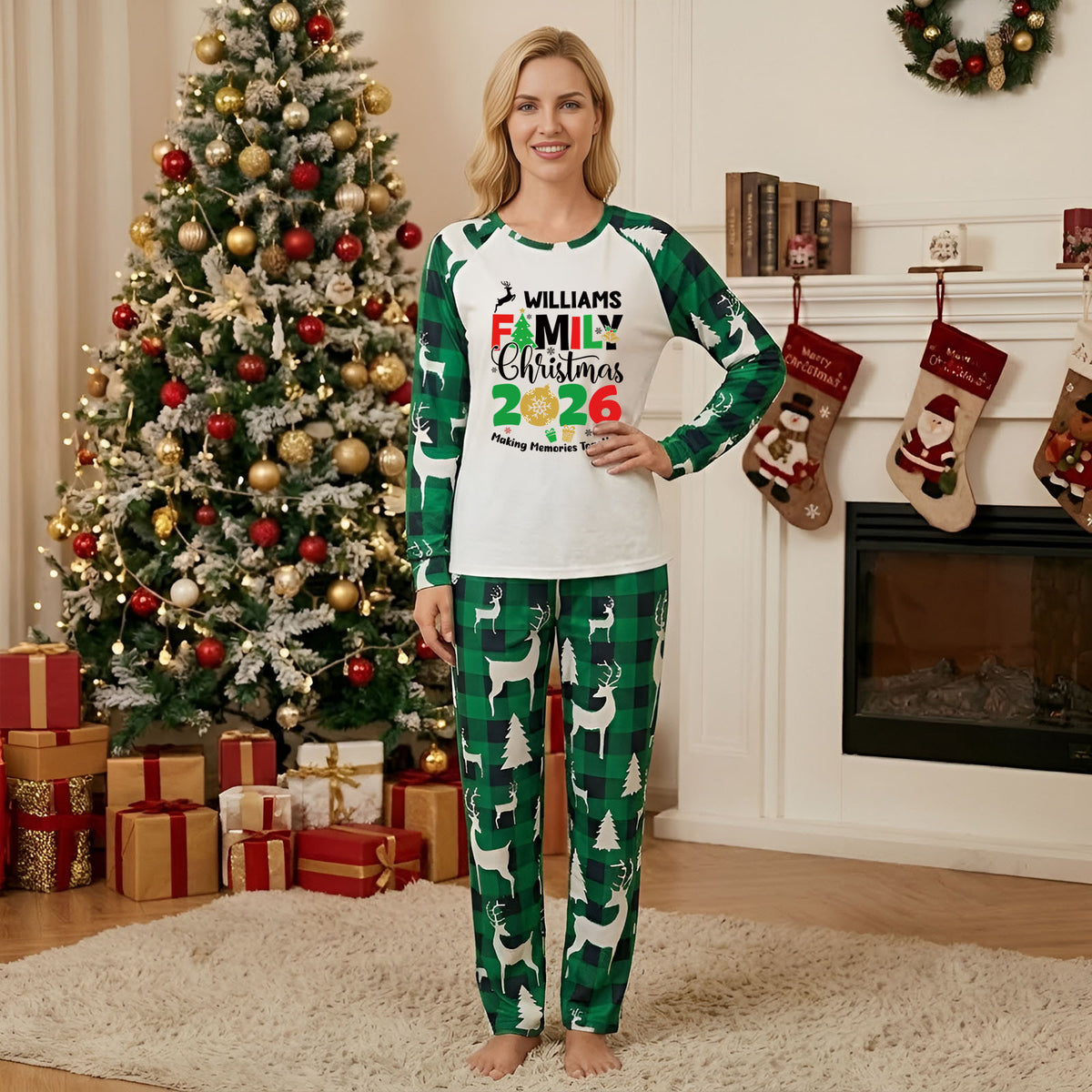 Matching Christmas Pajamas Green Reindeer Print Christmas Plaid Pajamas CHP-6
