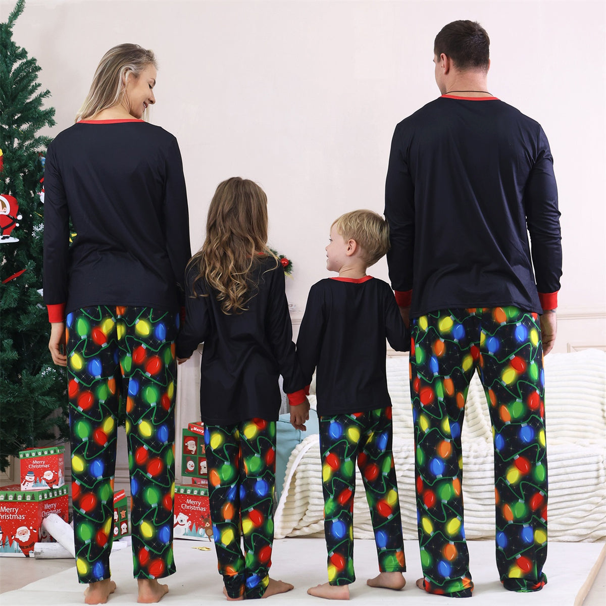 Matching Christmas Pajamas for Photos Colorful Light Bulb Print Christmas Pajama Photoshoot CHP-95