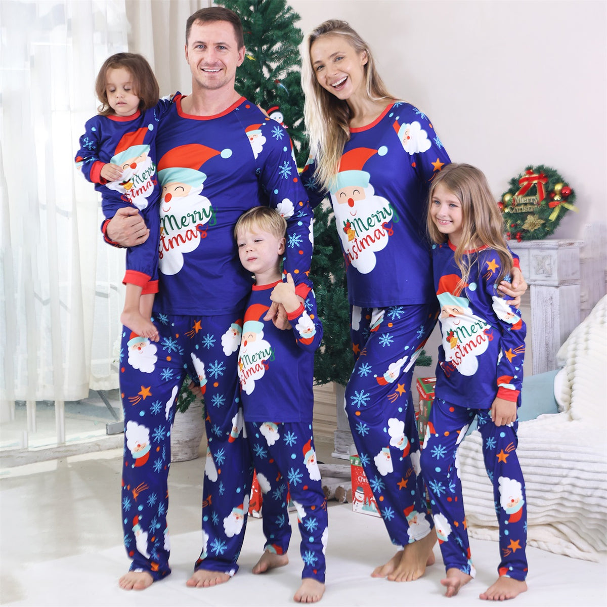 Christmas Family Photoshoot Outfits Royal Blue Santa Snowflake Allover Print Christmas Pajamas CHP-91