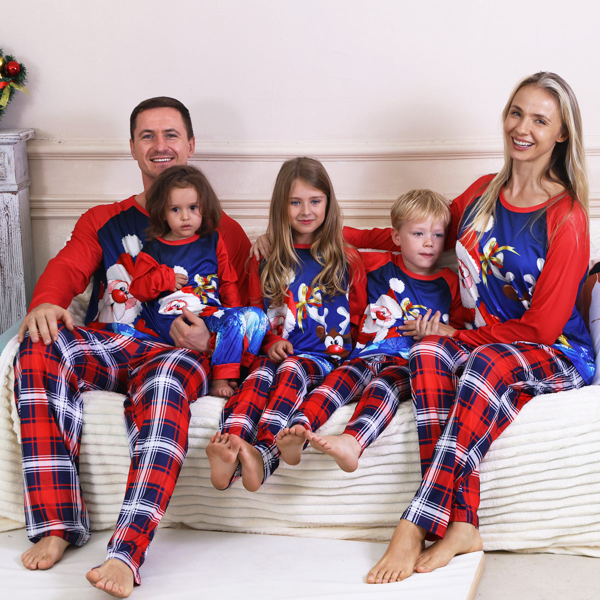 Christmas Morning Pajamas Blue Reindeer Snowflake Plaid Print Christmas Family Photoshoot Outfits CHP-96
