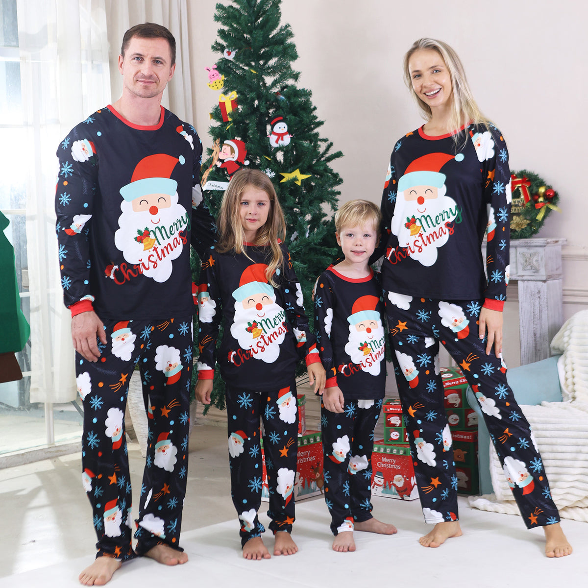 Christmas Pajama Set Navy Santa Snowflake Allover Print Matching Christmas Pajamas for Photos CHP-92