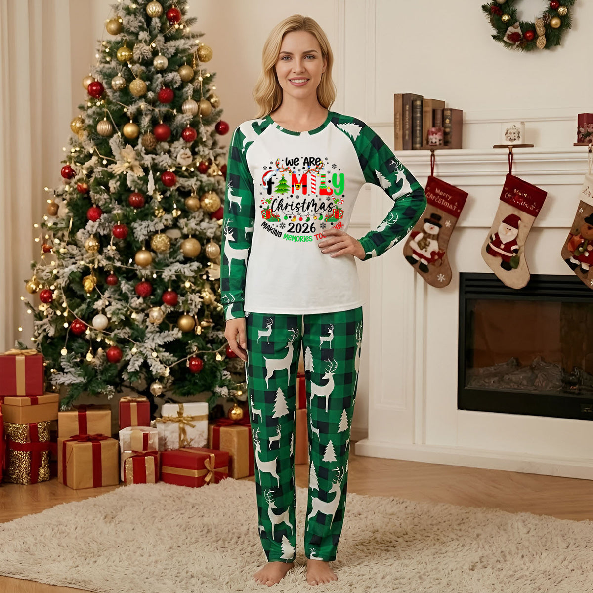 Matching Christmas PJs Green Plaid Reindeer Print Cute Christmas Pajamas CHP-9