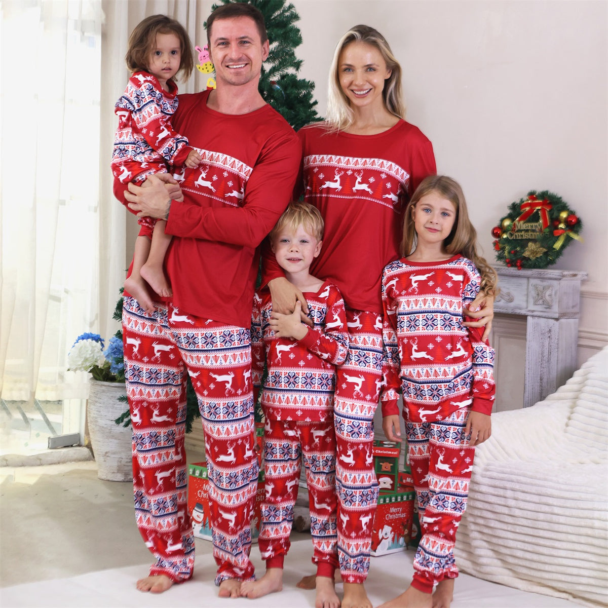 Mommy and Me Christmas Pajamas Red Reindeer Fair Isle Pattern Christmas Pajamas for Family Photos CHP-98