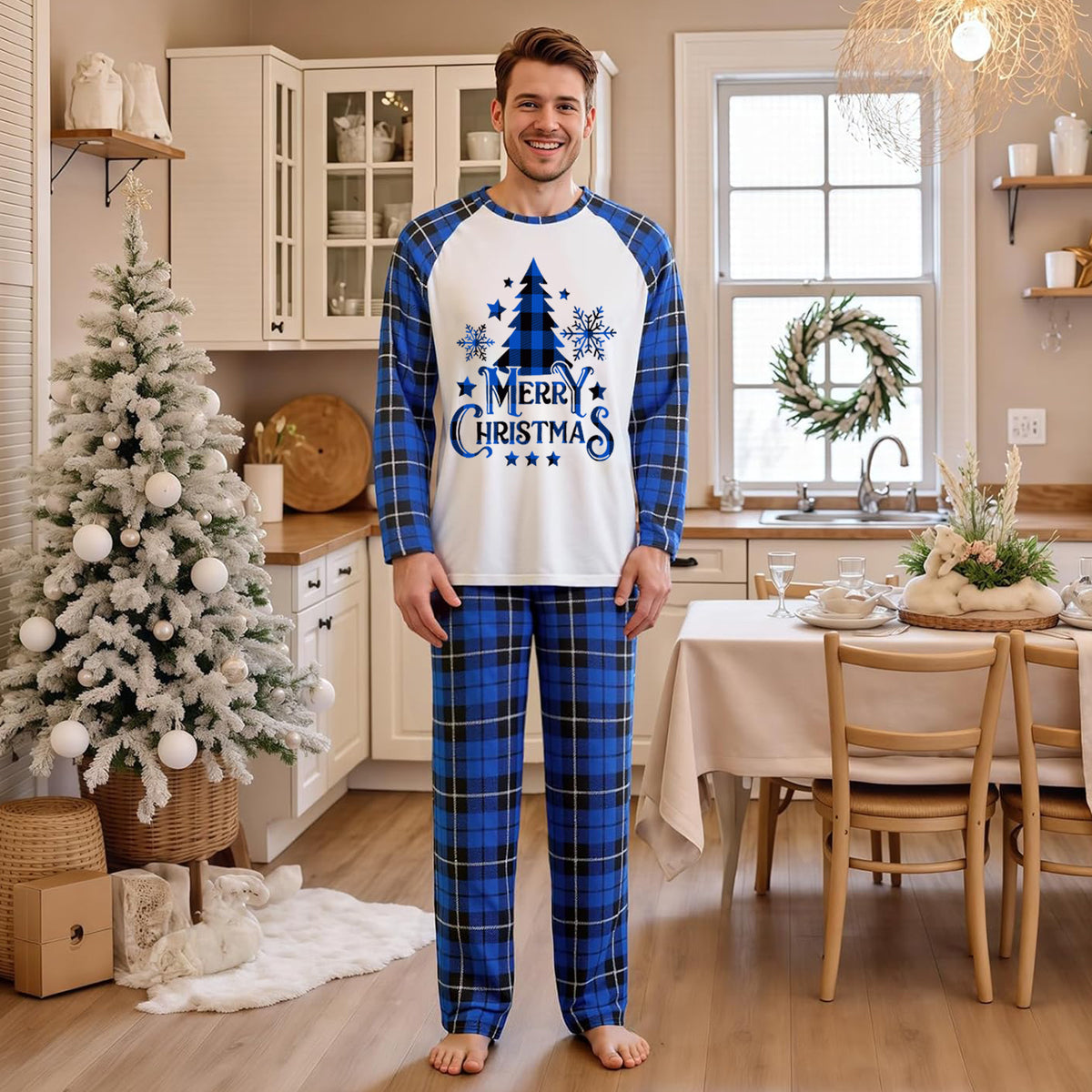 Matching Christmas Pajamas for Photos Blue Plaid Tree Print Christmas Long Sleeve Pajamas CHP-100