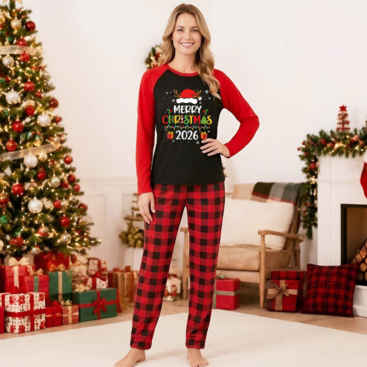Christmas Pajamas Santa Hat Colorful Lettering Christmas Long Sleeve Pajamas CHP-51