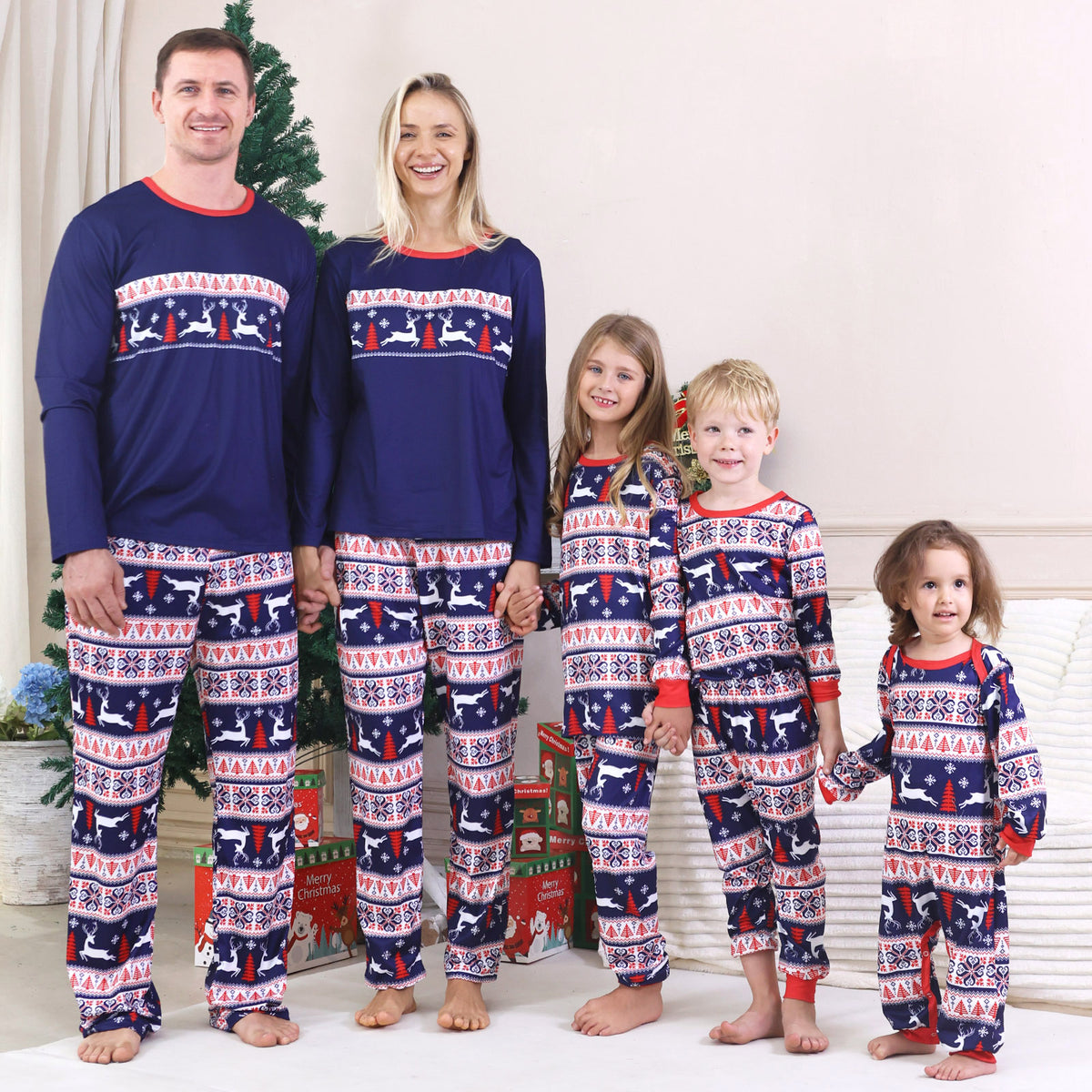 Dad and Kids Christmas Pajamas Navy Reindeer Fair Isle Pattern Matching Christmas PJs CHP-99