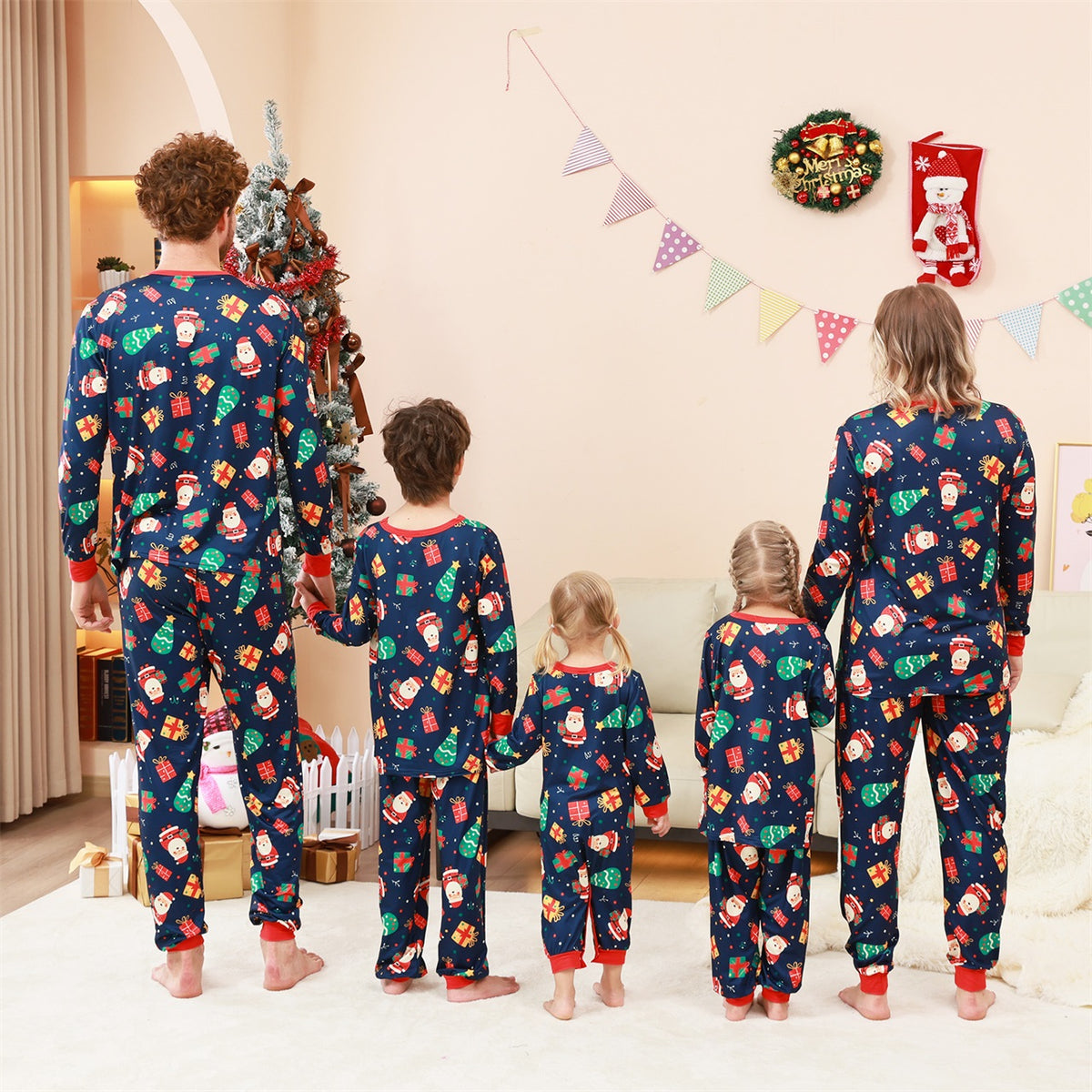 Christmas Eve Pajamas Navy Santa Gift Print Pattern Matching Christmas Pajamas CHP-73