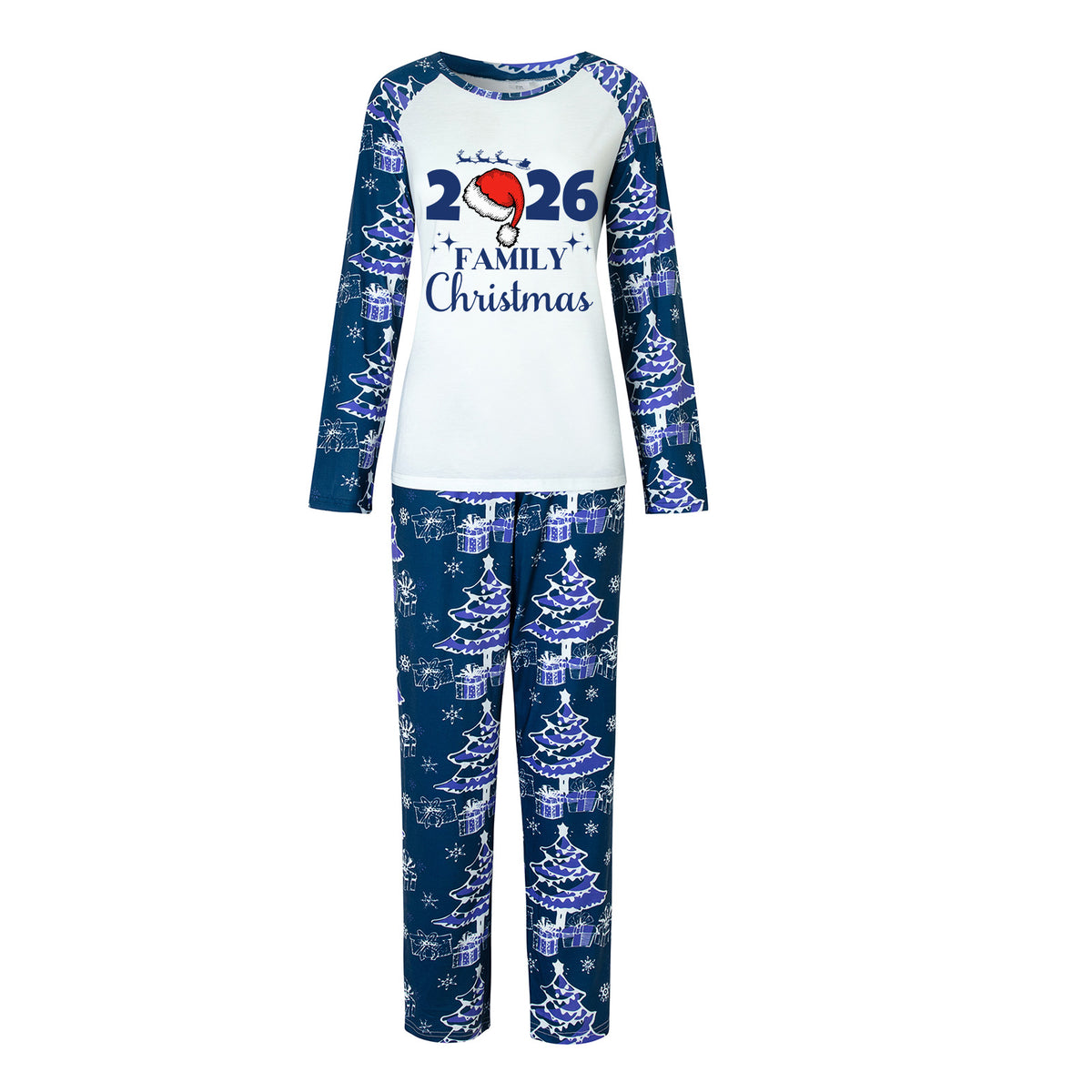 Christmas Pajamas 2026 Family Christmas Reindeer Santa Hat Navy Blue Print Matching Family Sleepwear CHP-140