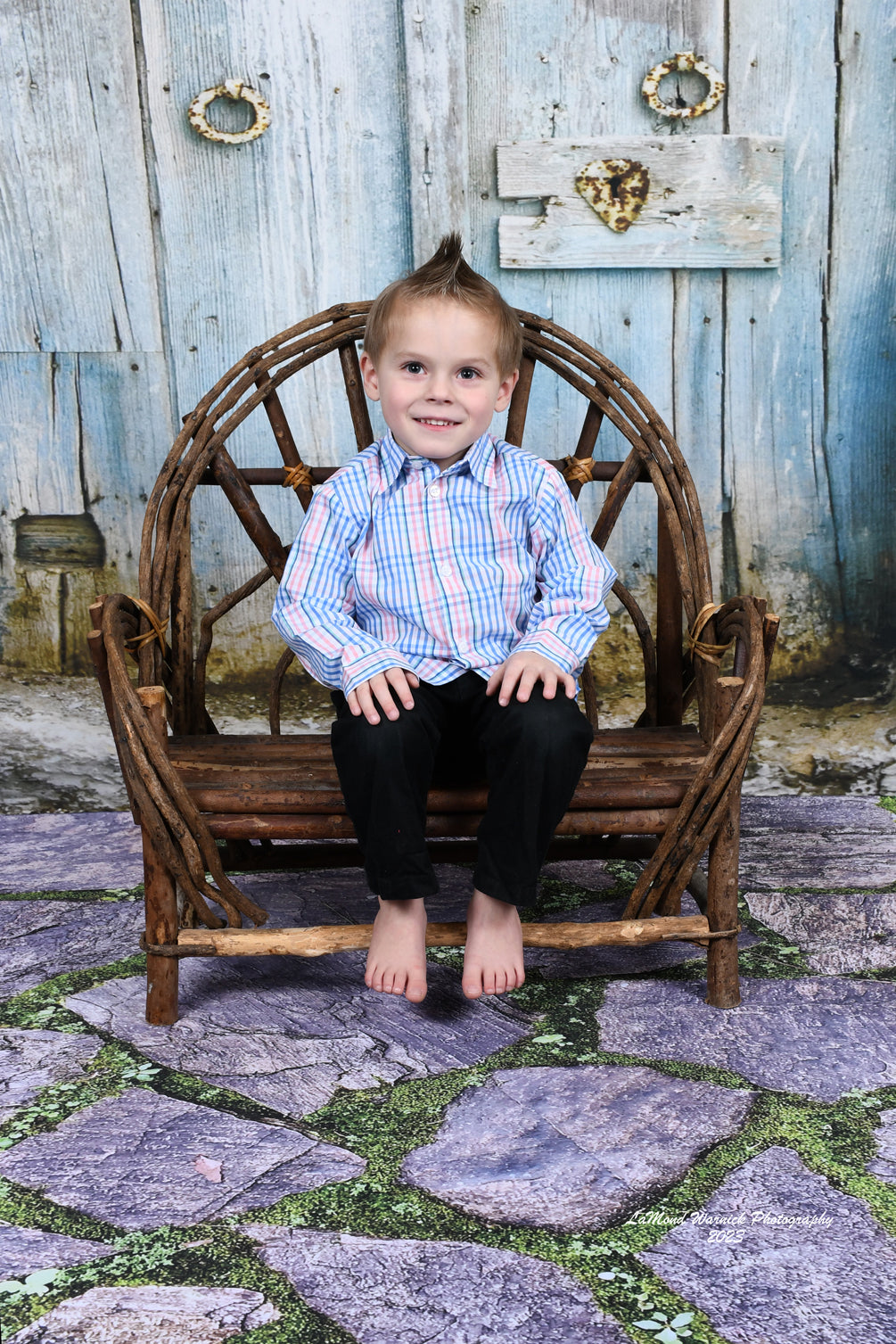 Light Blue Round Small Wooden Door Yellow Door Frame Photo Backdrop KAT-143