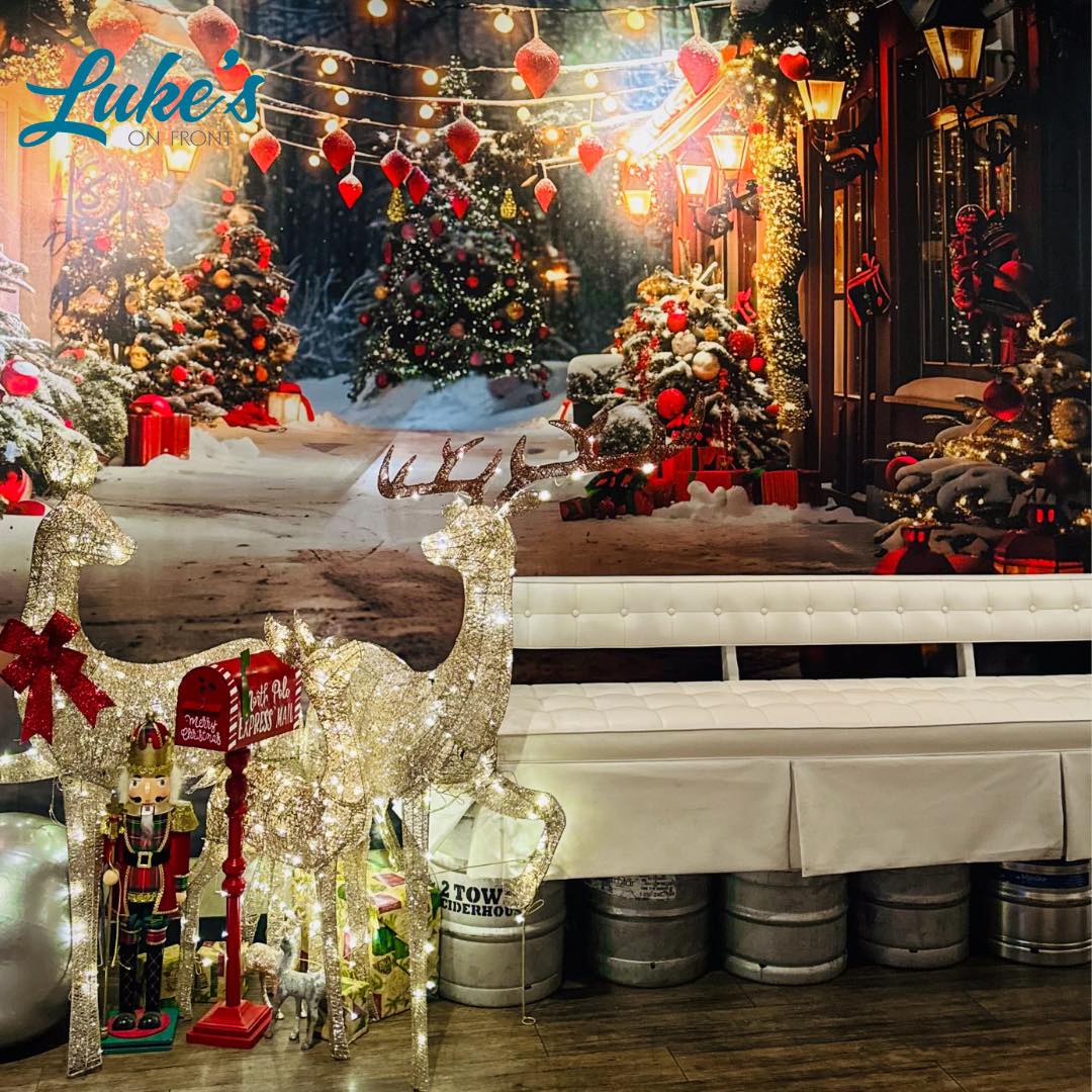 Christmas Village Lane Trees Lanterns Backdrop RR7-683