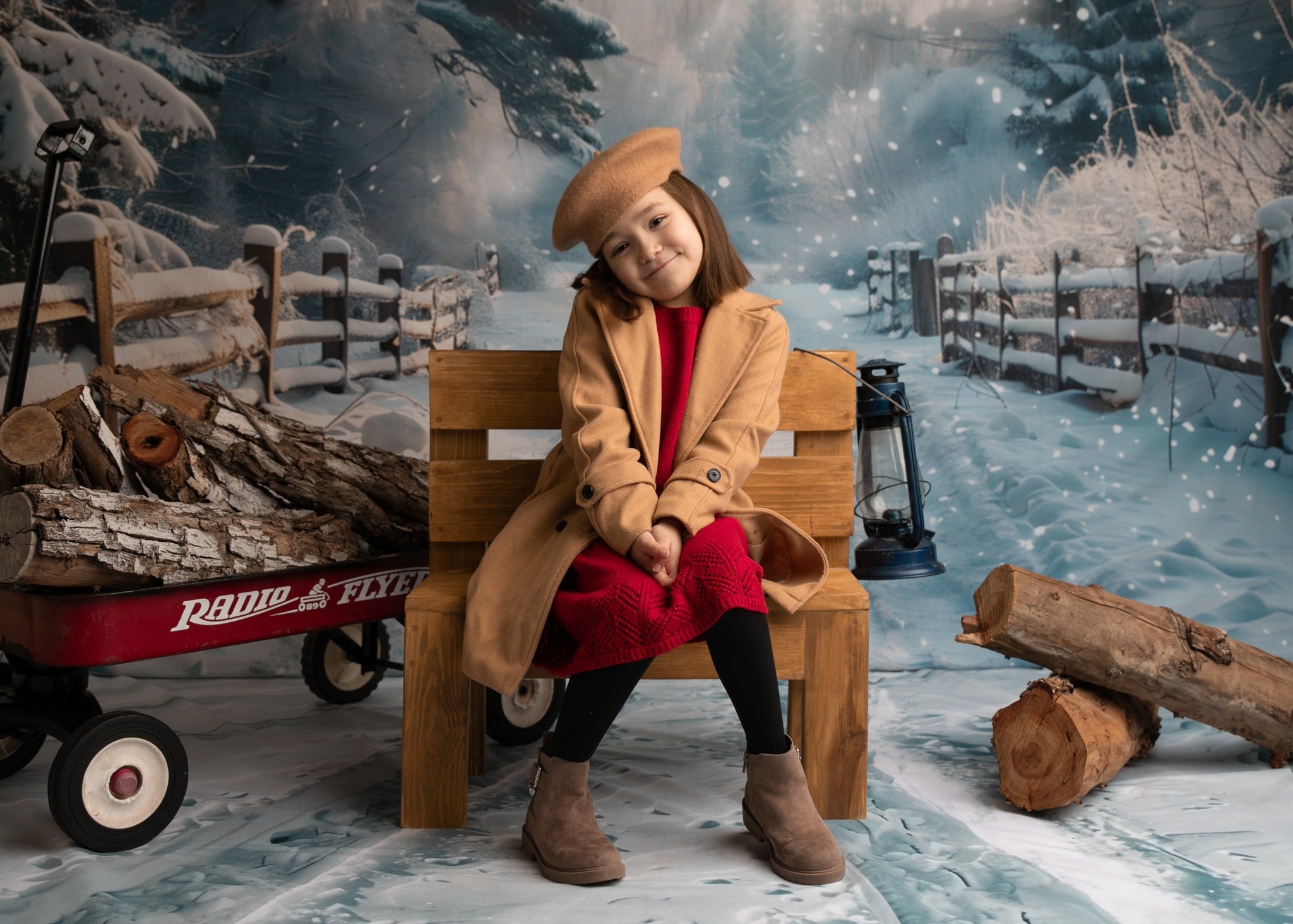 Winter Snowy Fence Trail Backdrop+Tracks Floor Backdrop BRP10-456