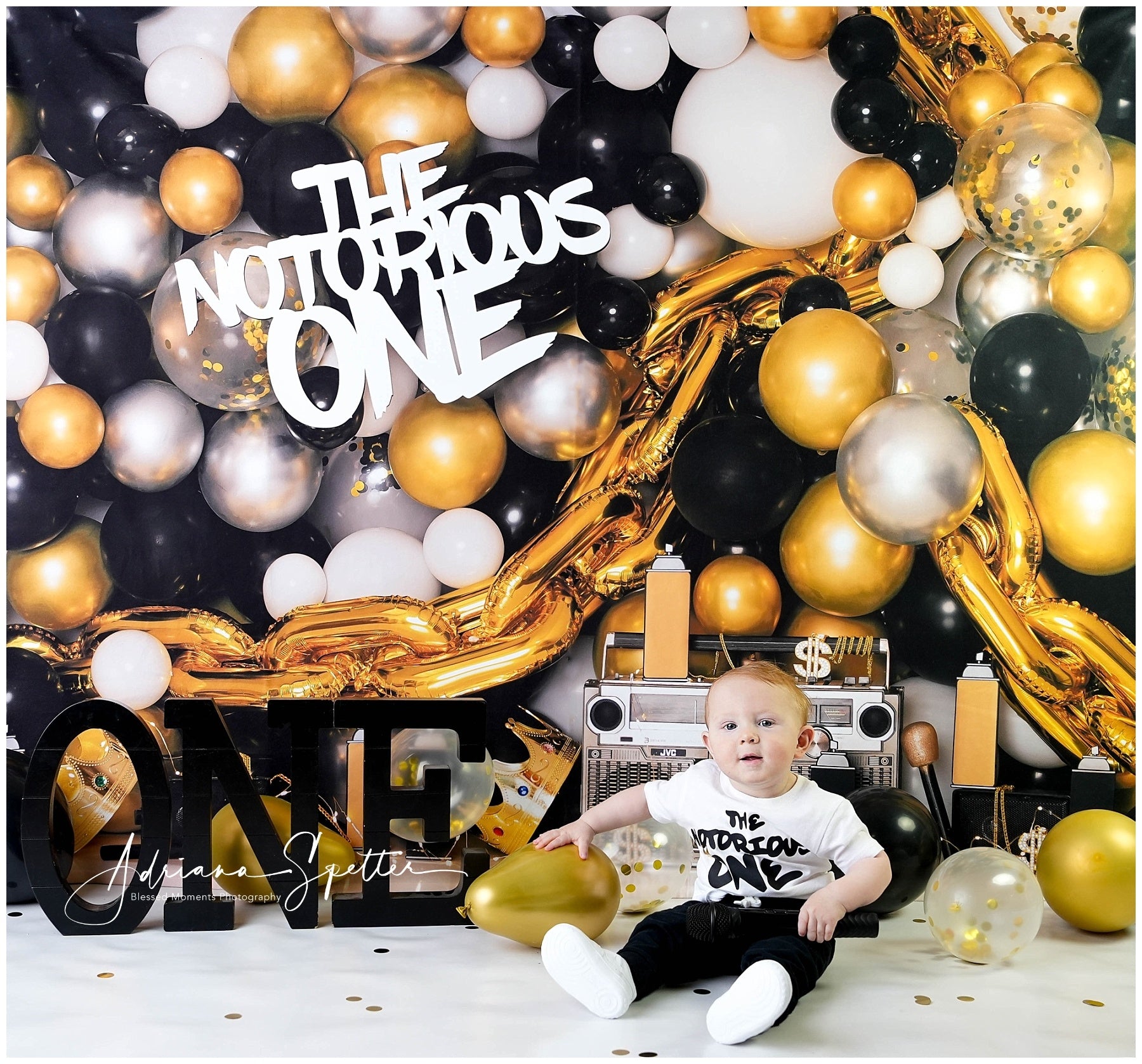 Cake Smash Backdrop Gold Black Balloons 1st Birthday Backdrop MRR10-43