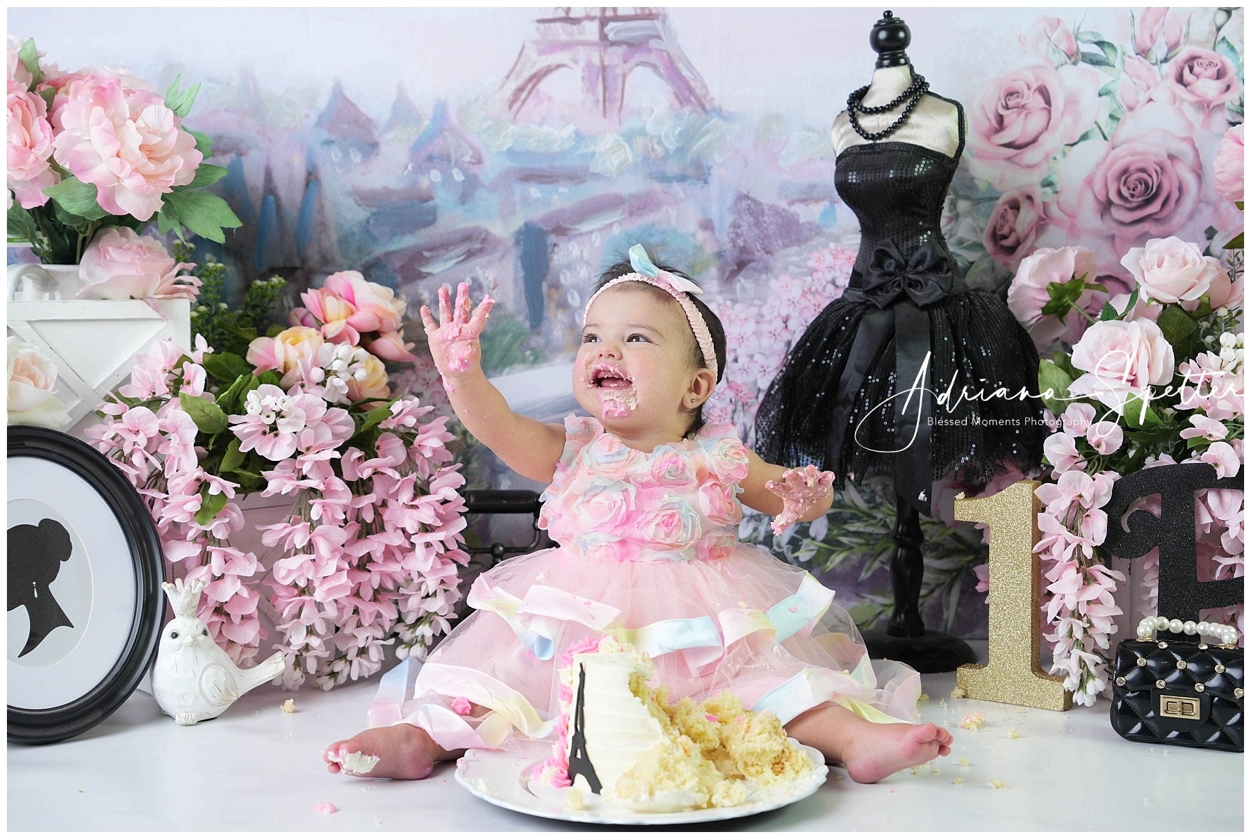 Cake Smash Backdrop Eiffel Tower Spring Floral Birthday Backdrop MRR10-45