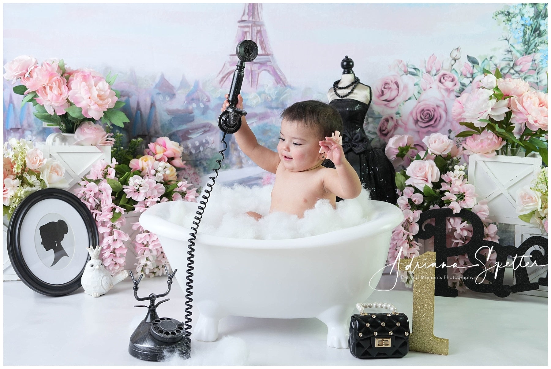 Cake Smash Backdrop Eiffel Tower Spring Floral Birthday Backdrop MRR10-45