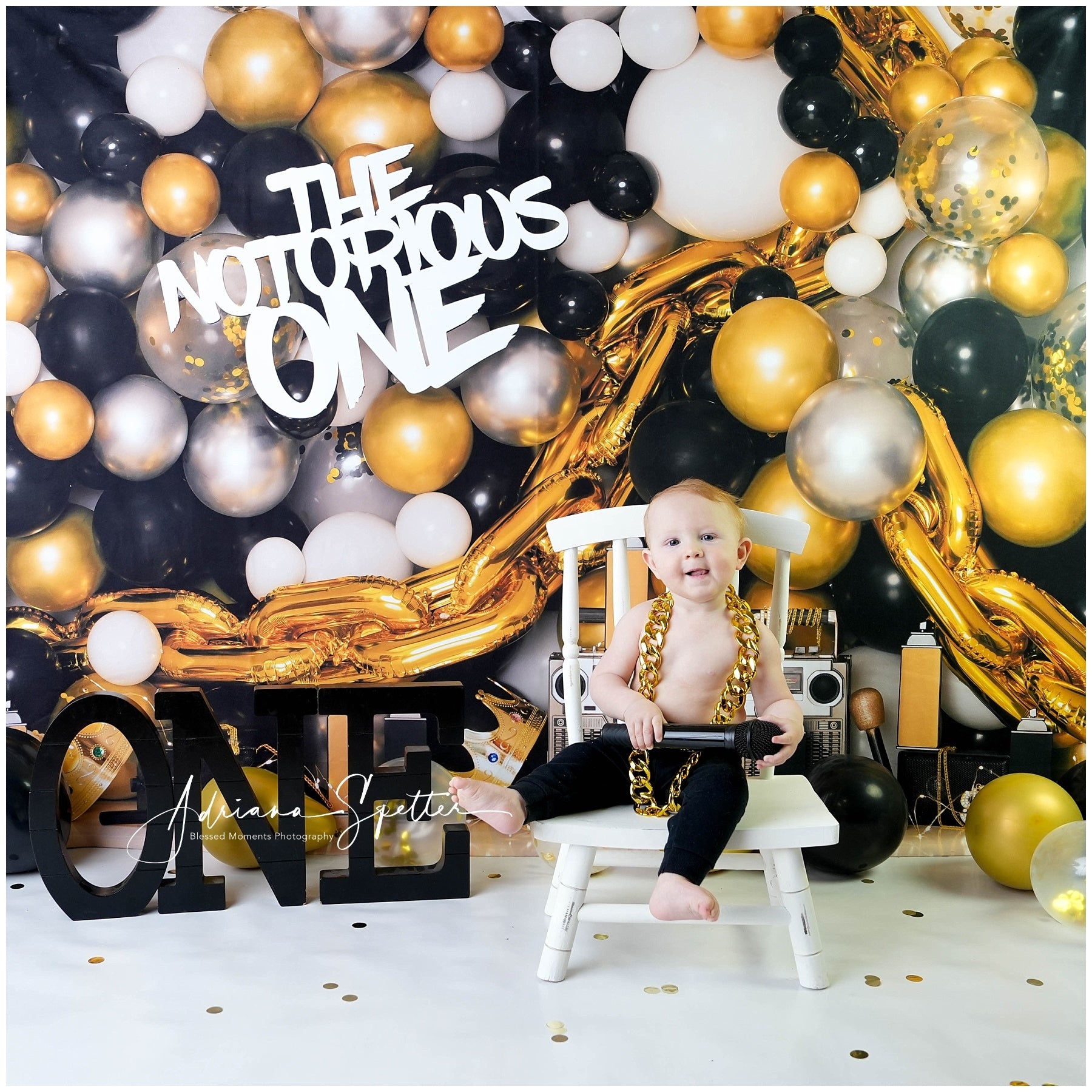 Cake Smash Backdrop Gold Black Balloons 1st Birthday Backdrop MRR10-43