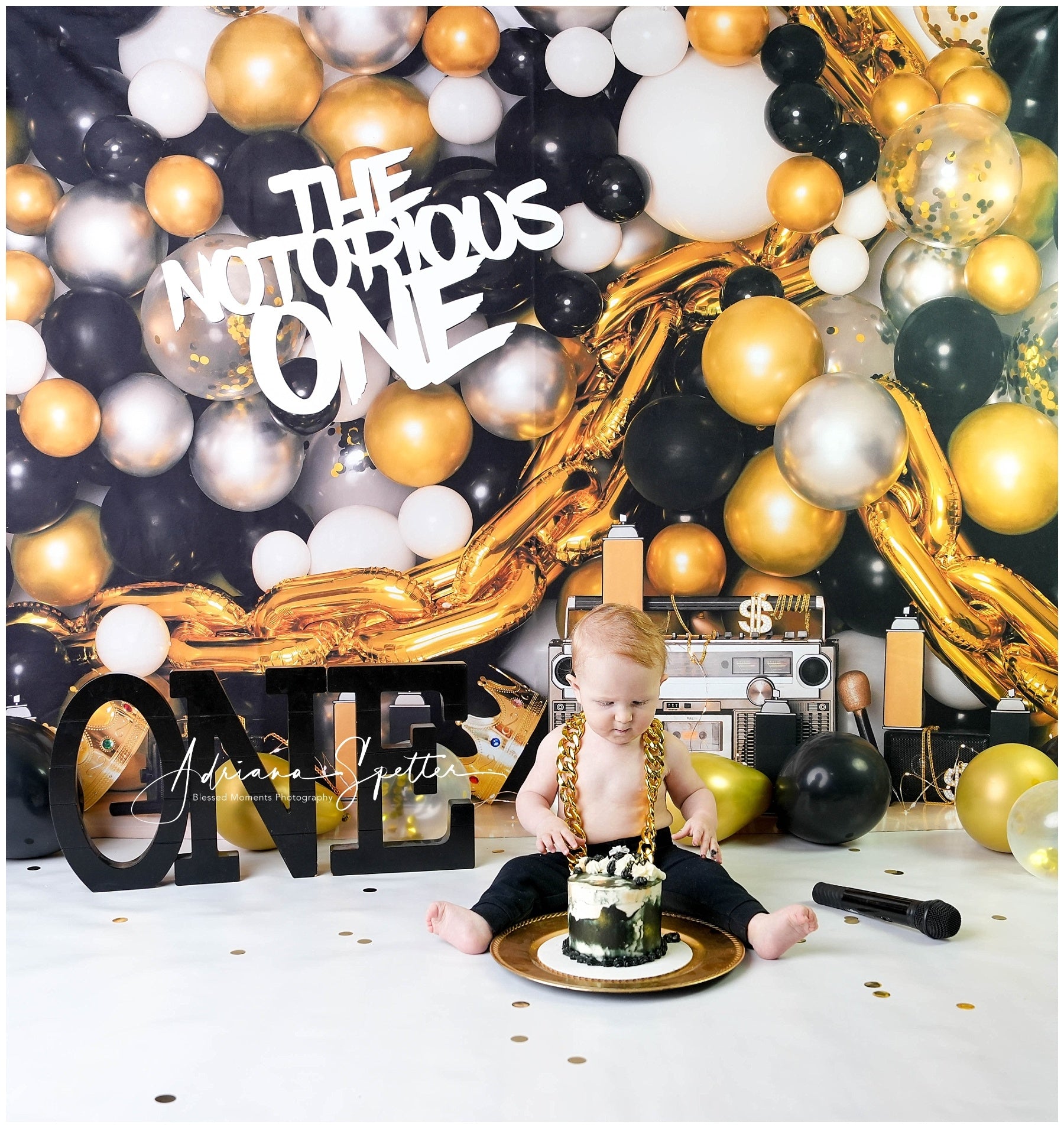 Cake Smash Backdrop Gold Black Balloons 1st Birthday Backdrop MRR10-43