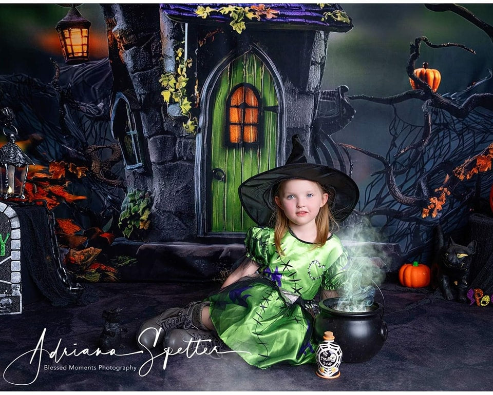 Spooky Halloween Backdrop Haunted House Green Door Lights Halloween Backdrop MRR9-131