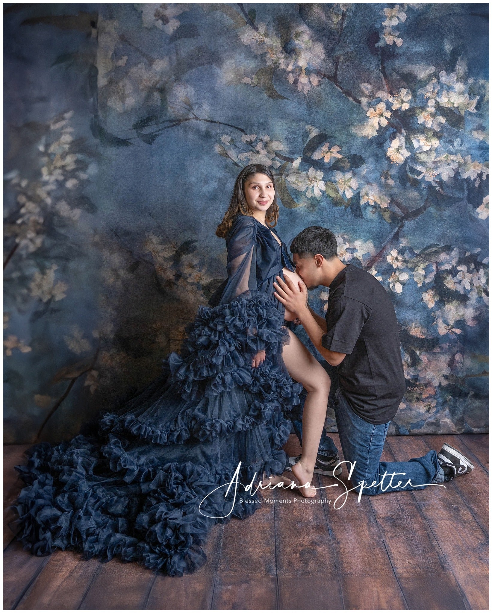Flower Photography Backdrop Dark Blue Blossom Branches Floral Backdrop MRR9-124