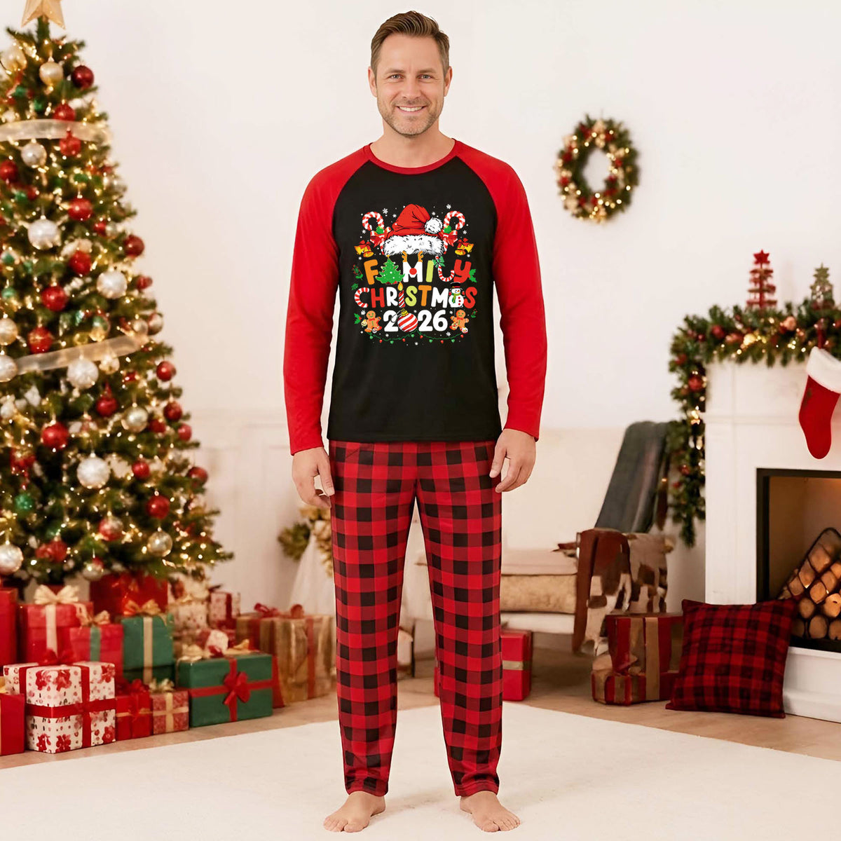 Candy Cane Christmas Pajamas Santa Hat Festive Graphic Christmas Lounge Set CHP-50