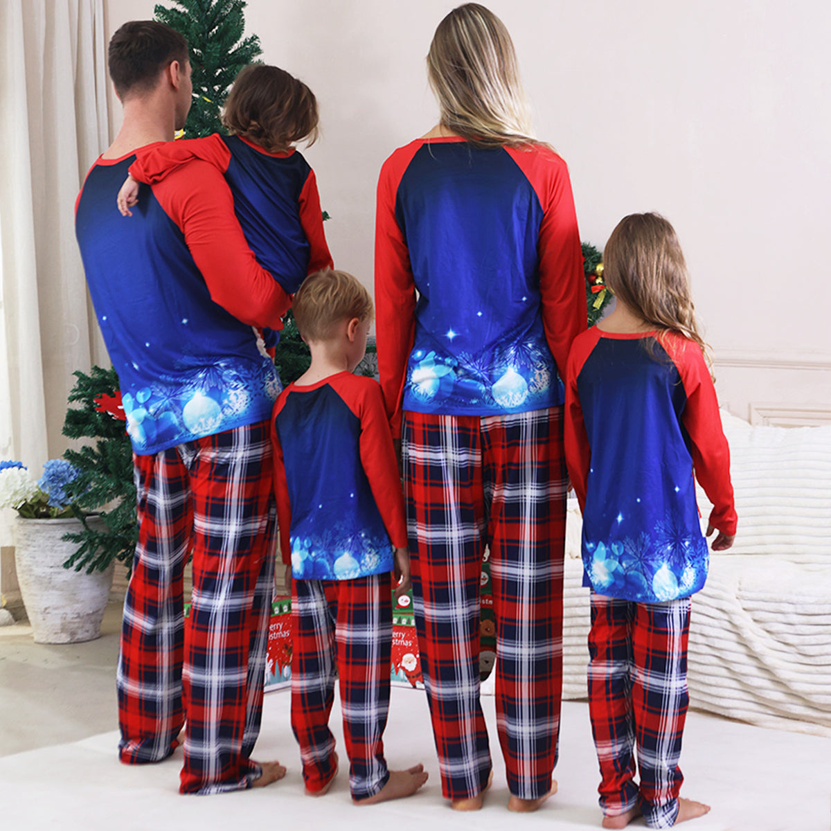 Christmas Morning Pajamas Blue Reindeer Snowflake Plaid Print Christmas Family Photoshoot Outfits CHP-96