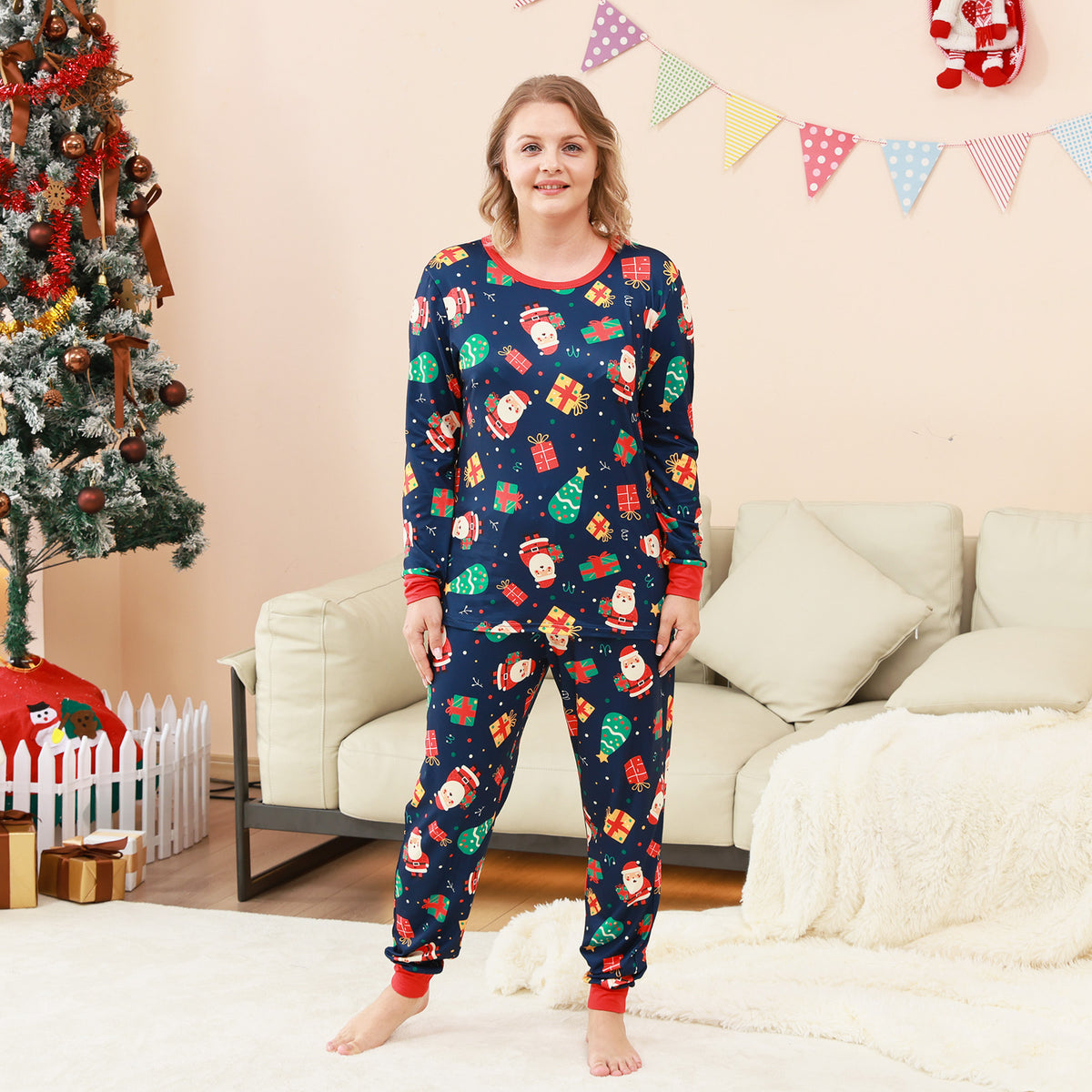 Christmas Eve Pajamas Navy Santa Gift Print Pattern Matching Christmas Pajamas CHP-73