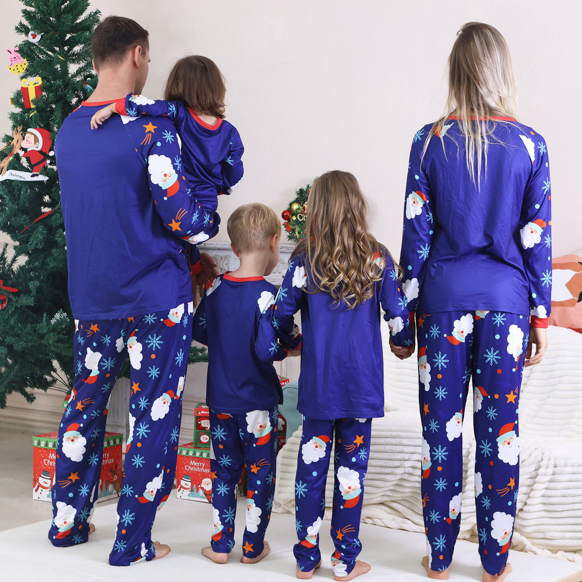 Christmas Family Photoshoot Outfits Royal Blue Santa Snowflake Allover Print Christmas Pajamas CHP-91
