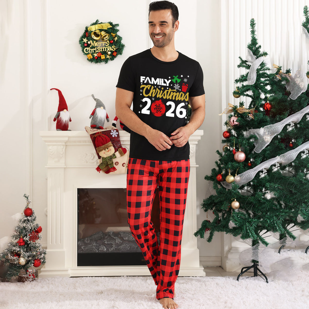Christmas Card Photo Outfits Red Ornament Typography Christmas Morning Pajamas CHP-33