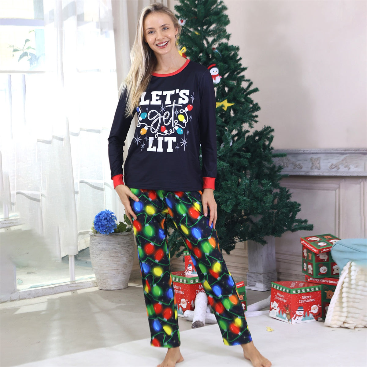 Matching Christmas Pajamas for Photos Colorful Light Bulb Print Christmas Pajama Photoshoot CHP-95