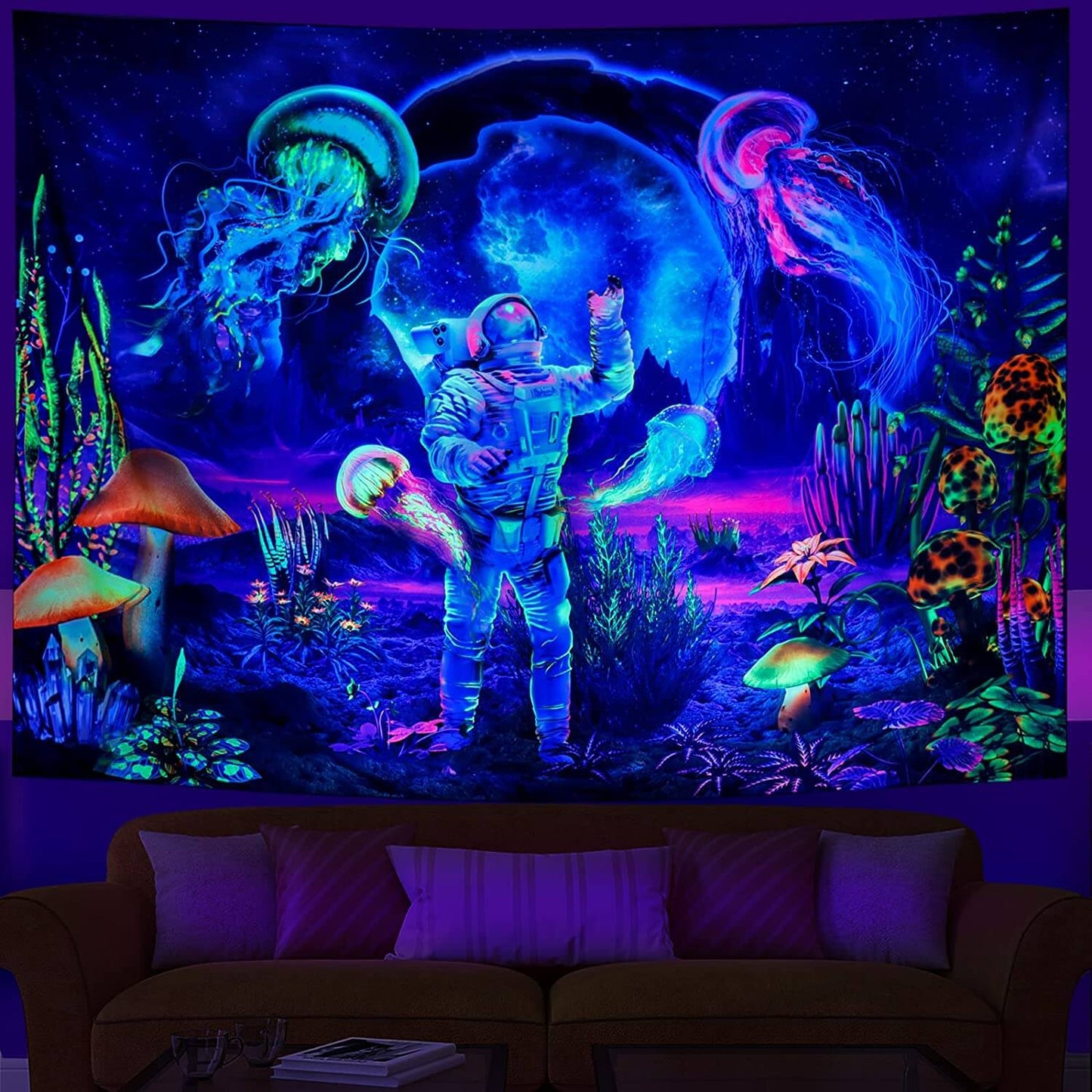 Blacklight Astronaut Tapestry UV Reactive Wall Hanging Home Decoration