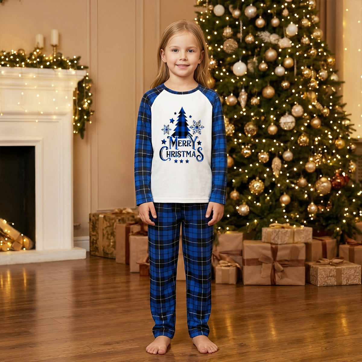 Matching Christmas Pajamas for Photos Blue Plaid Tree Print Christmas Long Sleeve Pajamas CHP-100