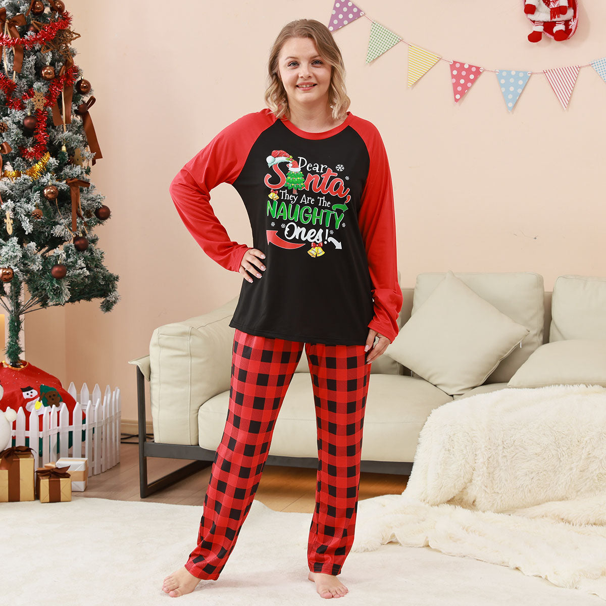 Matching Christmas Pajamas Naughty Santa Red Plaid Print Christmas Matching Pajamas CHP-86