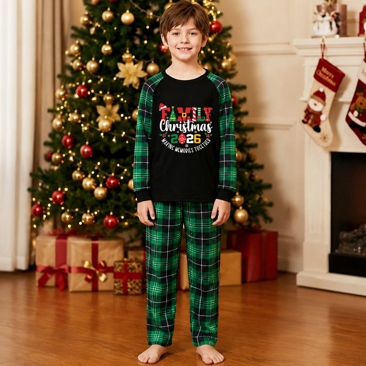 Christmas Thermal Pajamas Festive Letter Print Green Plaid Christmas PJs CHP-16