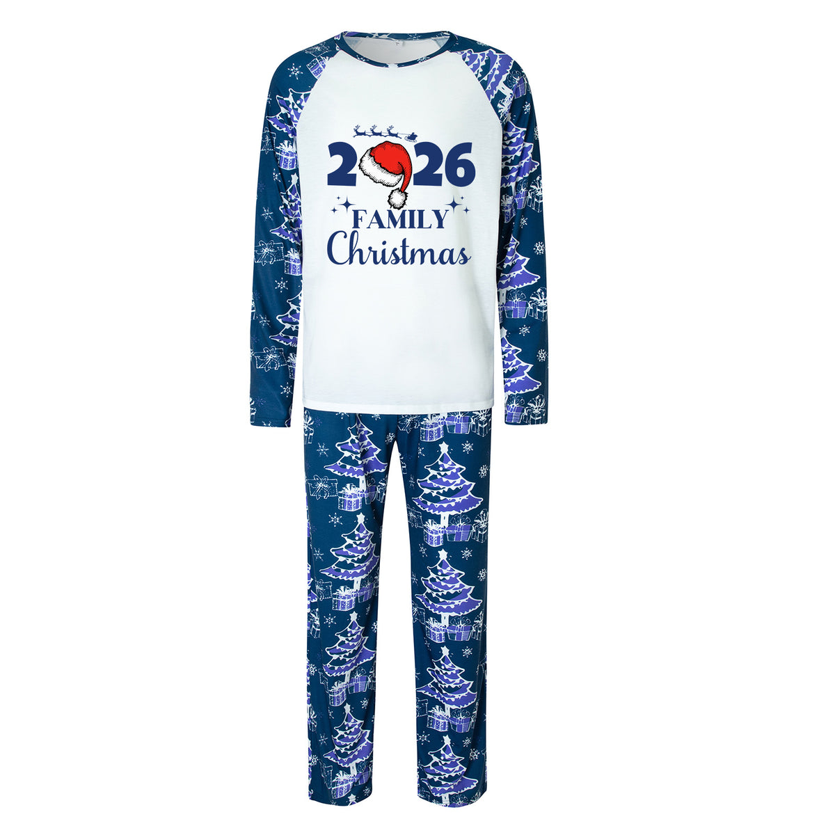 Christmas Pajamas 2026 Family Christmas Reindeer Santa Hat Navy Blue Print Matching Family Sleepwear CHP-140