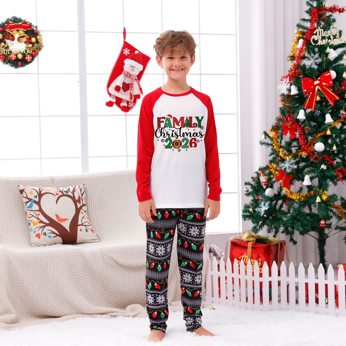 Christmas Pajamas Red Sleeve Family Christmas 2026 Plaid Letter Print Matching Family Photoshoot Sleepwear CHP-125