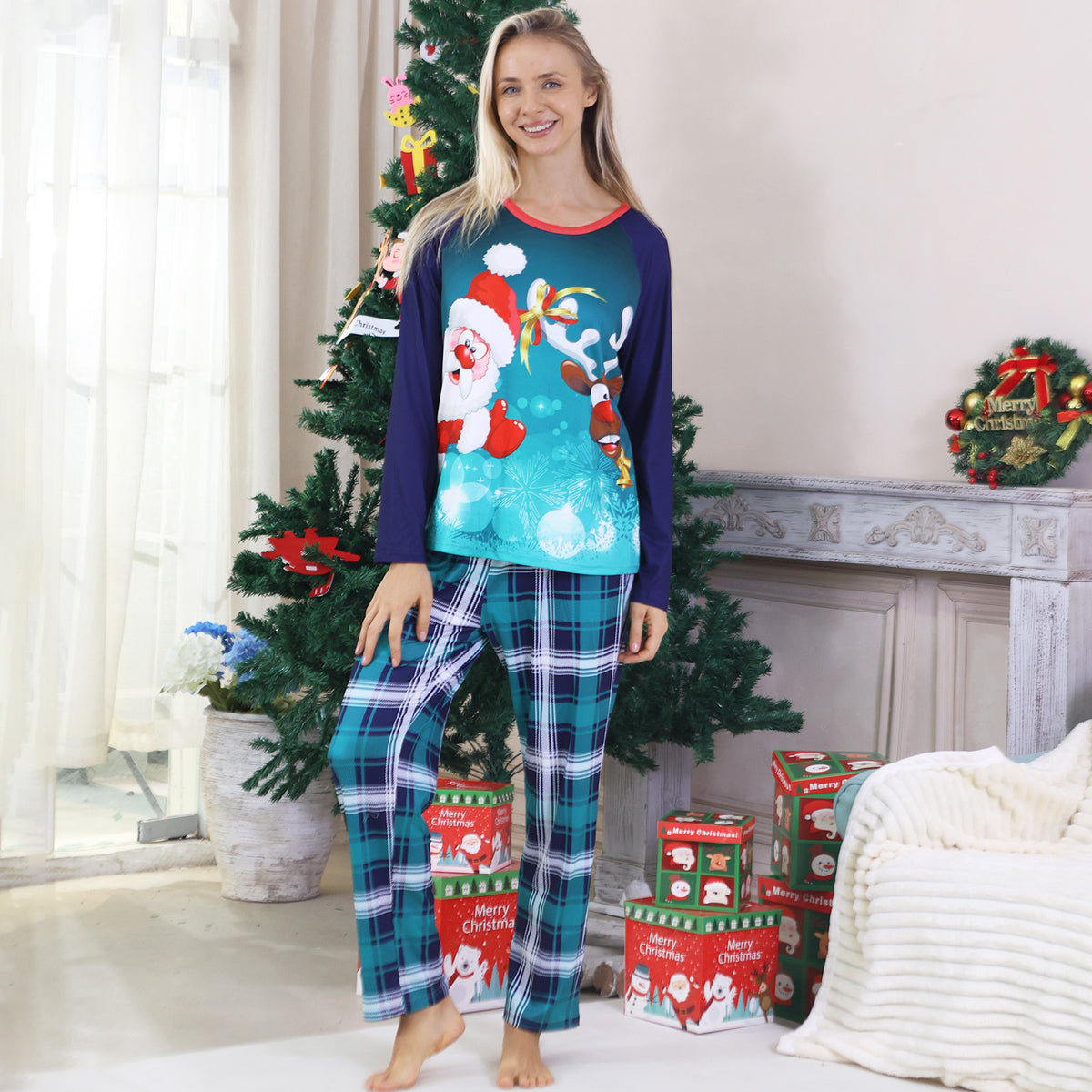 Holiday Matching Pajamas Santa Hat Reindeer Teal Plaid Print Christmas Family Photo Outfits CHP-97
