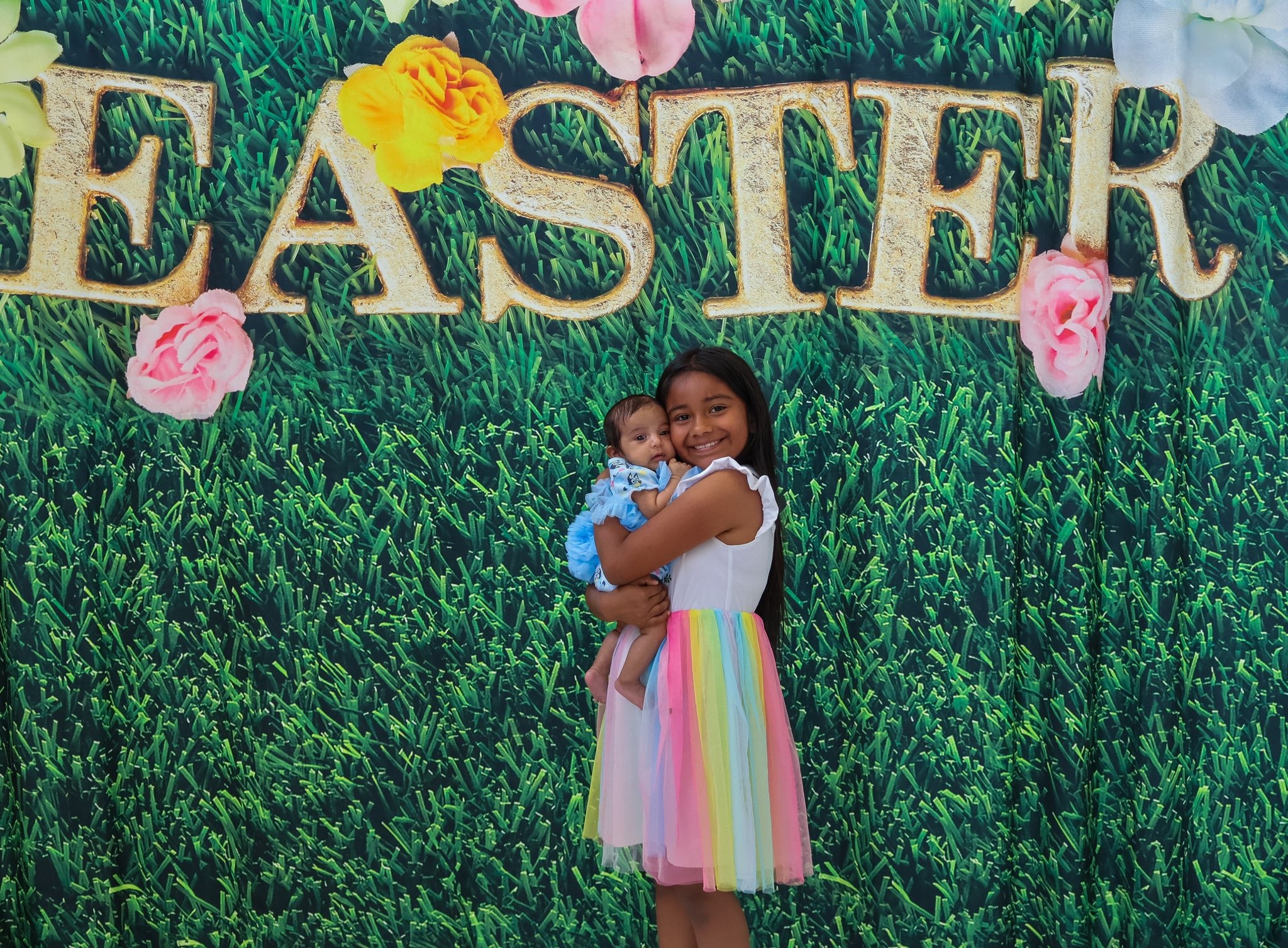 Easter Decorations Background Easter Eggs Spring Flowers Green Grass Backdrop LV-1380