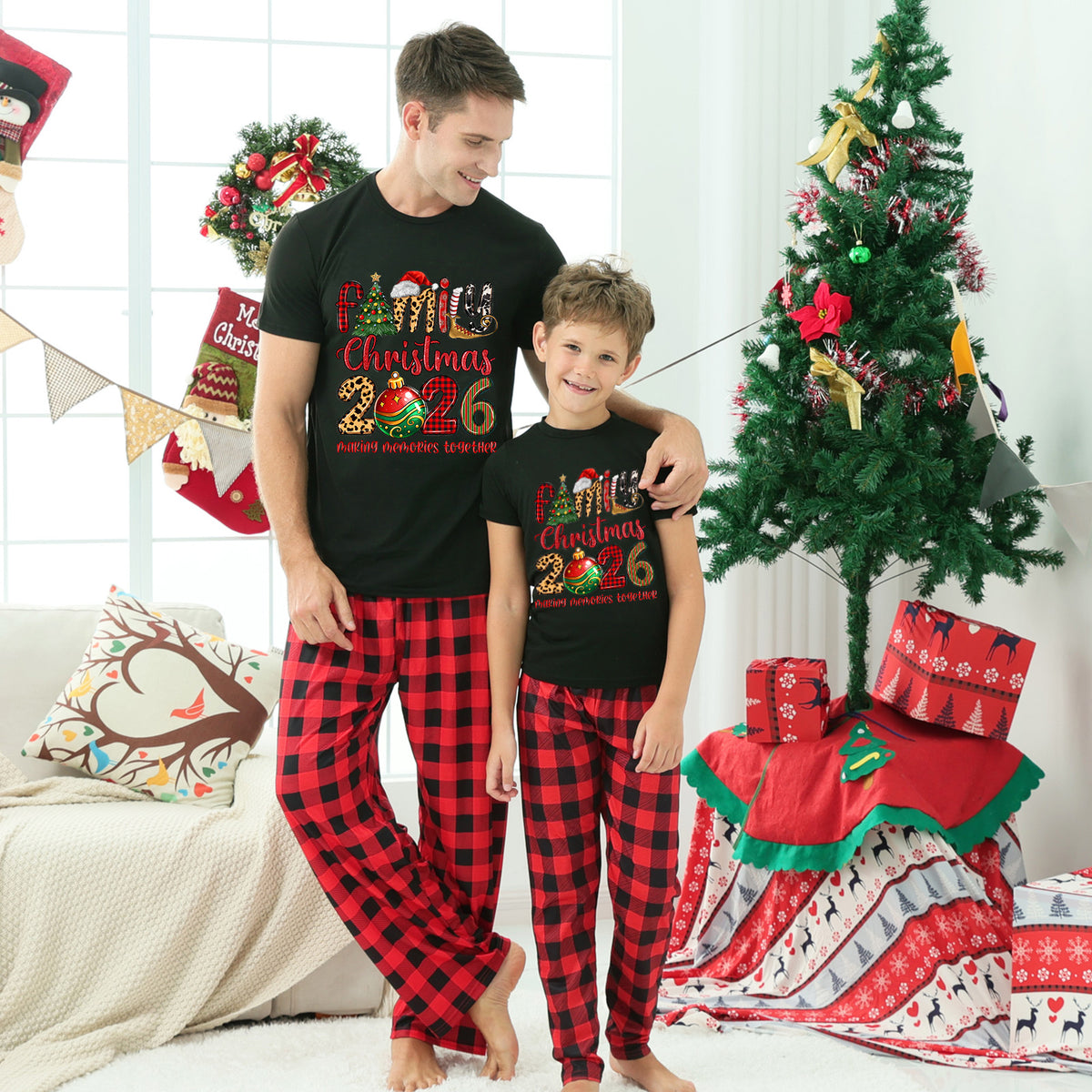 Dad and Kids Christmas Pajamas Santa Hat Tree Typography Christmas Family Photo Outfits CHP-39